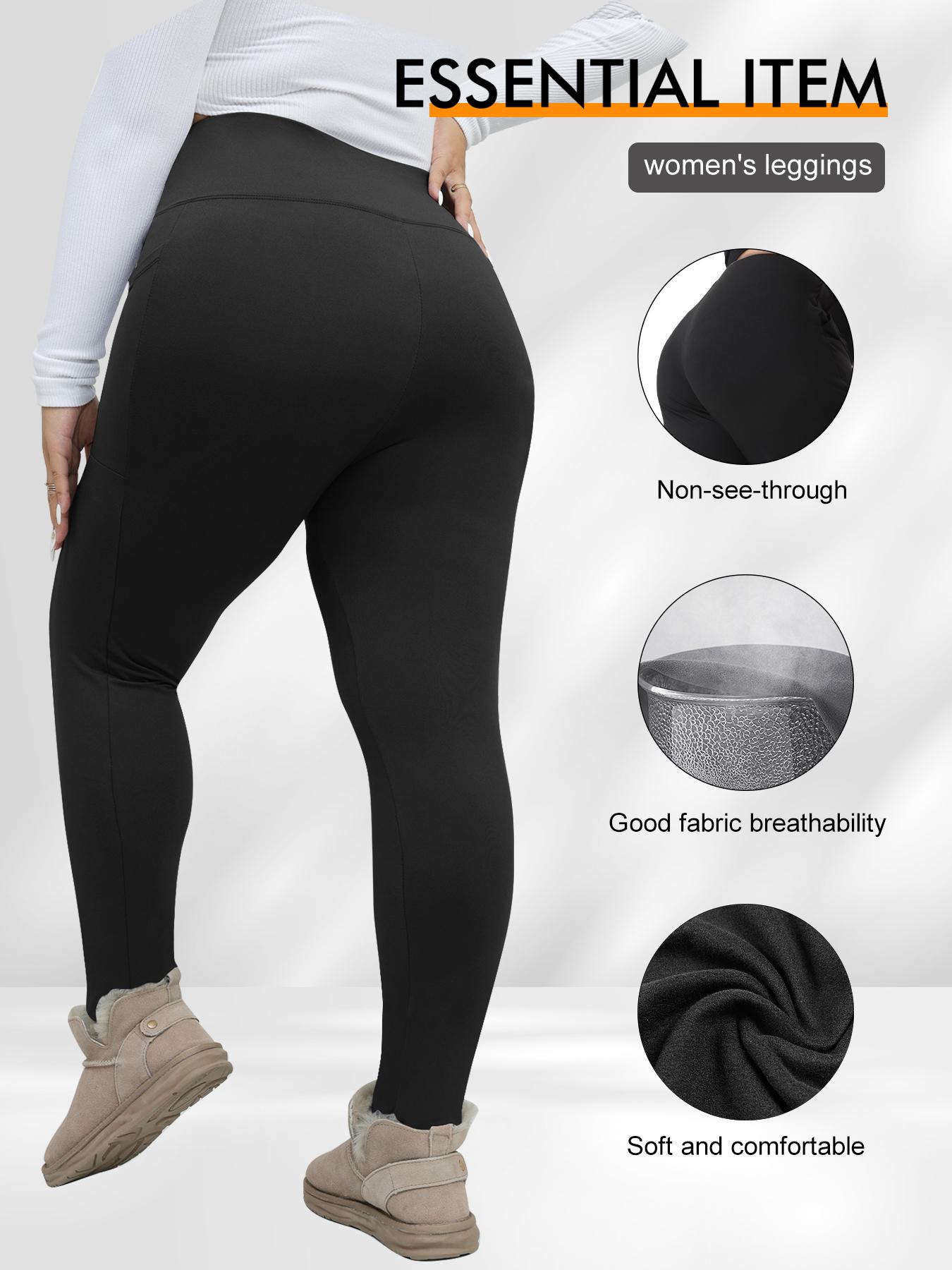 Women's Plus Size High-Waist Fleece-Lined Leggings, Thermal Stretchy Winter Pants with Pockets, Warm for Daily Wear