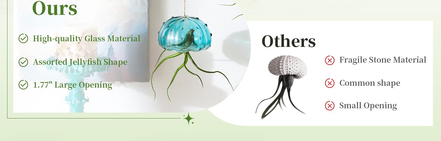 Hanging Air Plant Holder: 3Pcs Glass Jellyfish Air Plant Hanger with Jute Ropes for Tillandsia Succulent Houseplants