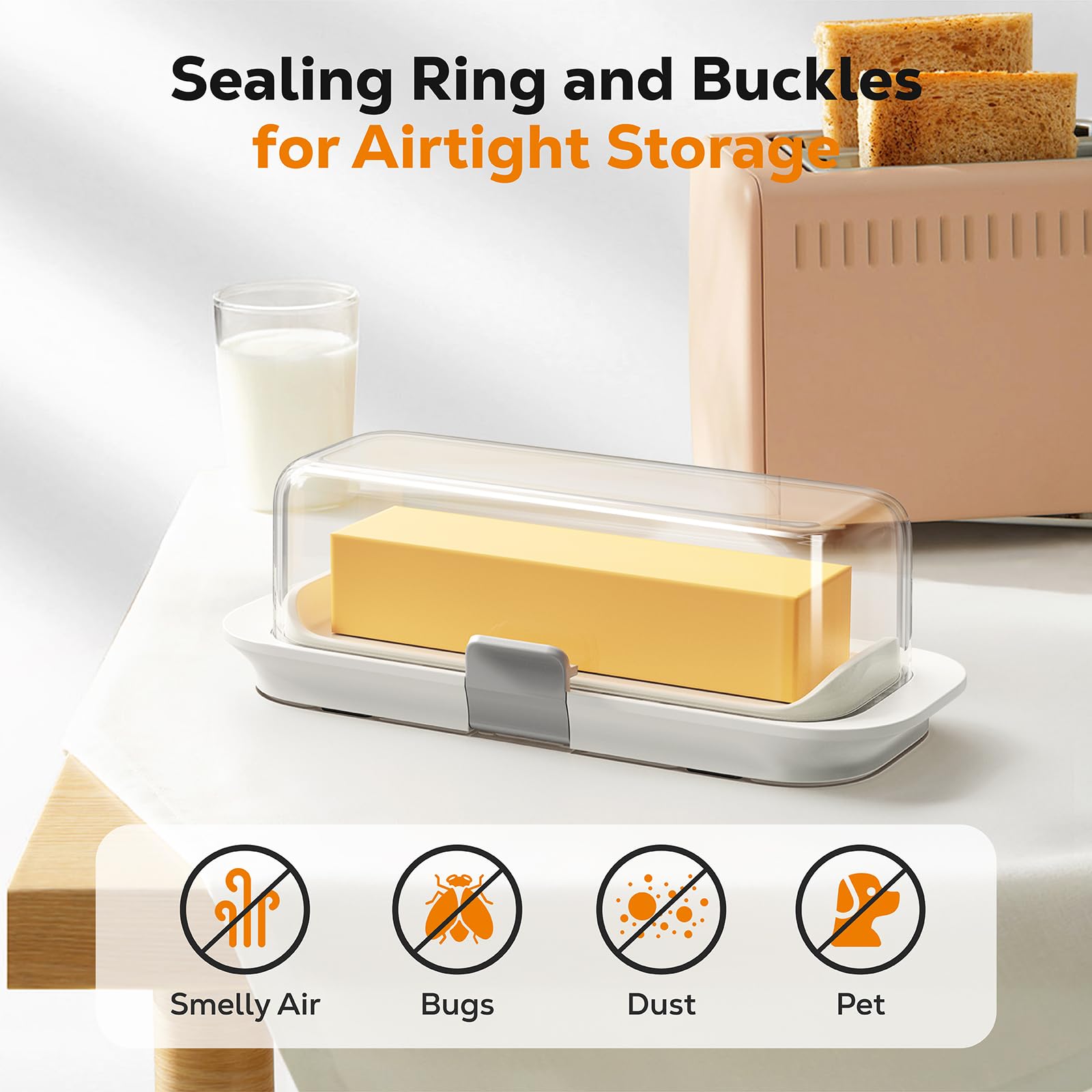 Butter Dish with Lid for Countertop and Refrigerator Door Shelf, Airtight Keeper Container, BPA-free, Microwave/Dishwasher Safe