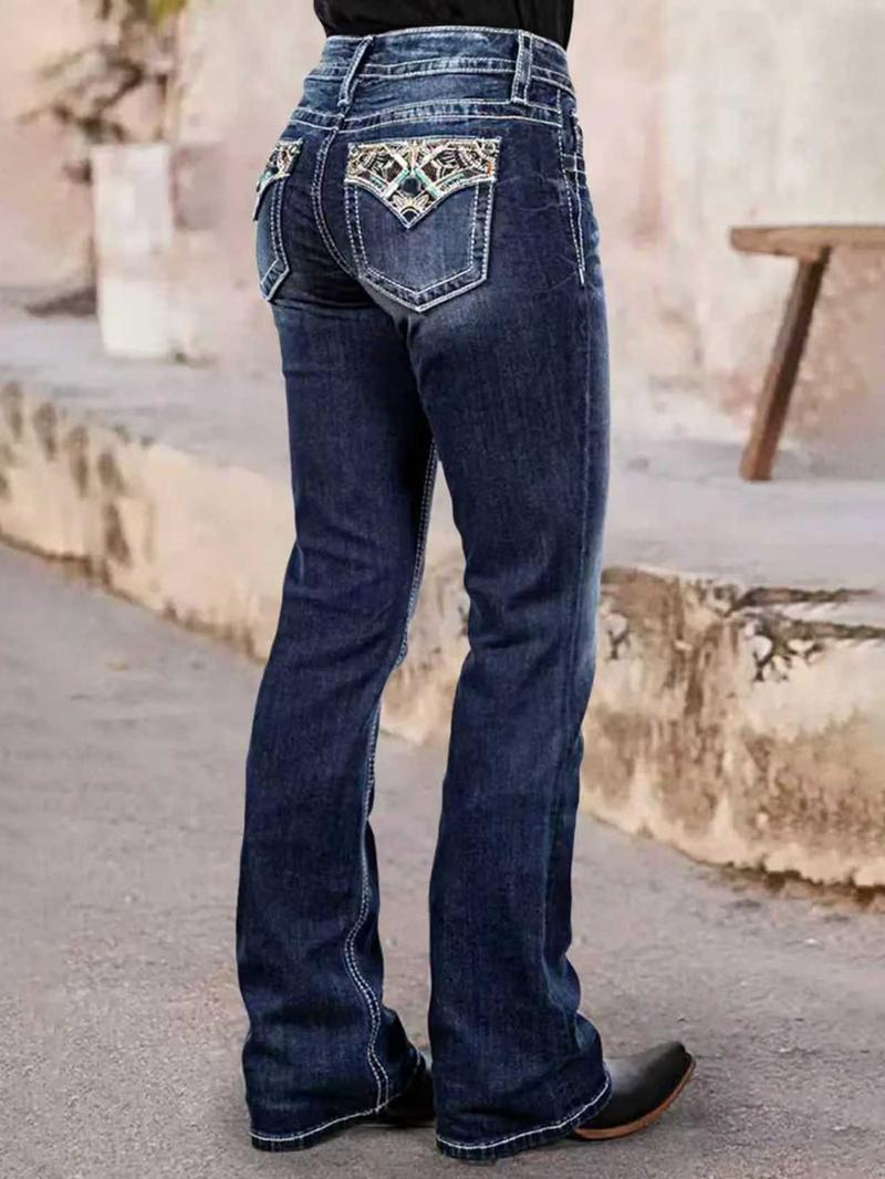 Vintage Embroidered Women's Casual Flare Denim Jeans, Retro Style High Waist Jeans, Comfortable and Stylish Ladies' Fashion