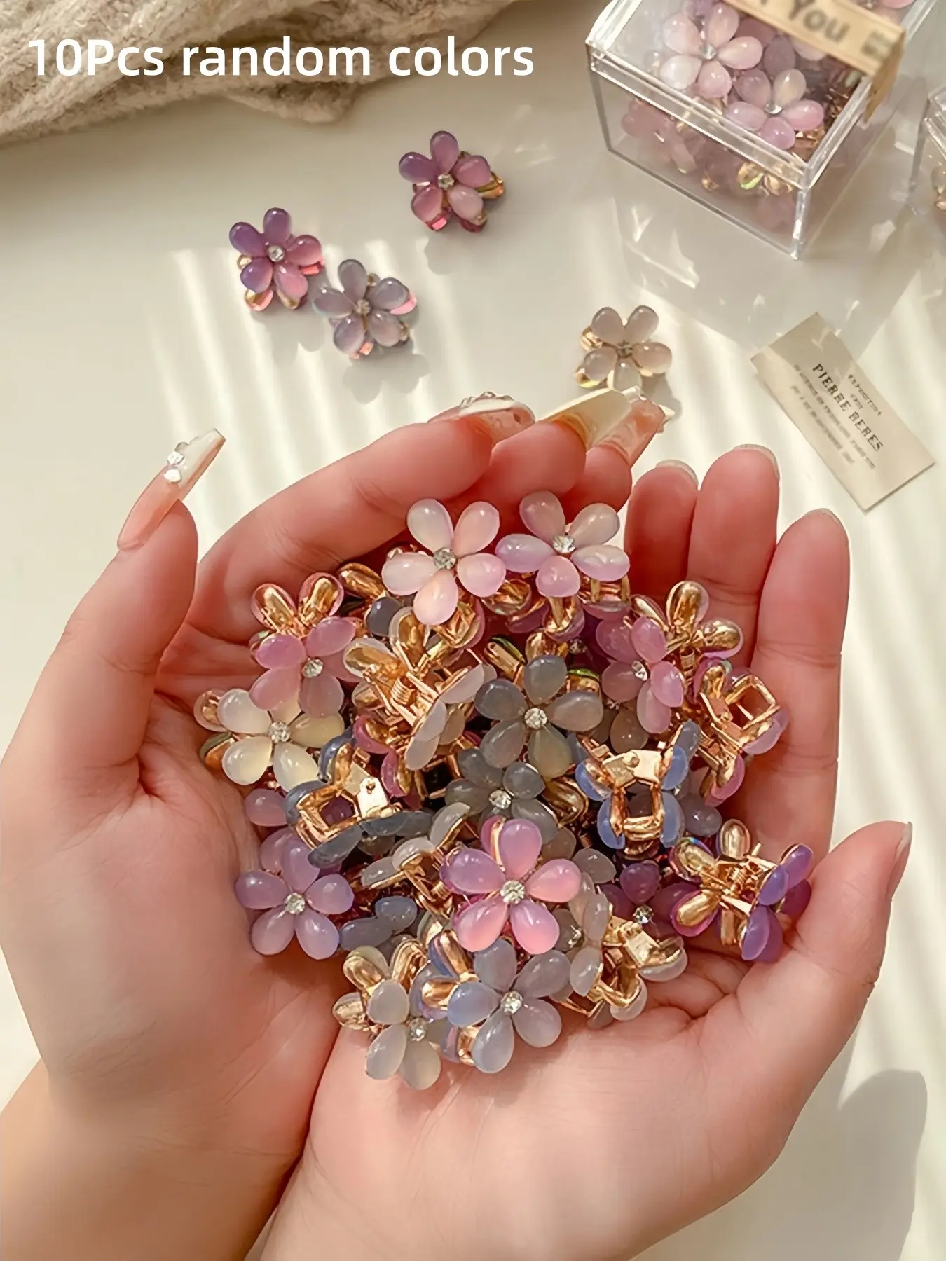 10Pcs Mini Flower Hair Claw Clips, Gradient Crystal Floral Jaw Clips, Cute Small Hair Clips for Bangs & Broken Hair, Random Color Hair Accessories, Decorative Clips for Braided & Up‑do Hairstyles for Women Girls, Sparkle Hair Clips