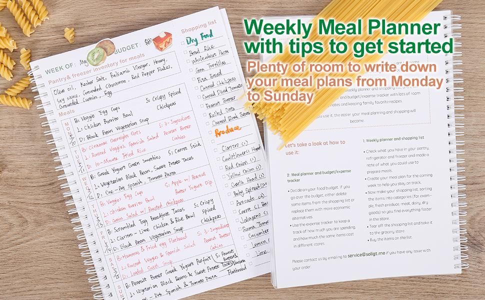 Soligt Weekly Meal Planner Notebook and Food Planner with Easy Tear off Grocery List & Expense Tracker Organizer, 52 Weeks, 10"X7", Spiral Design notebook