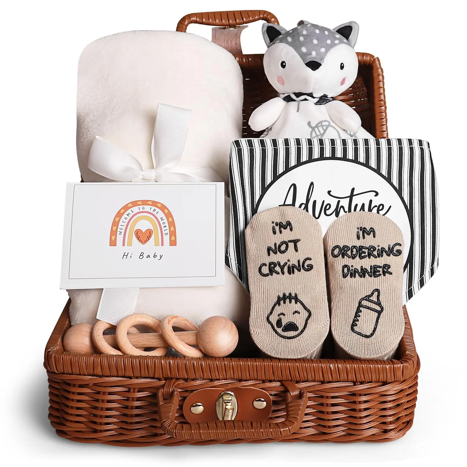 Baby Shower Gift Set for Girls and Boys - Unique Newborn Essentials Basket with Lovey Blanket, Bibs, Socks, Wooden Rattle & Greeting Card(Gift)