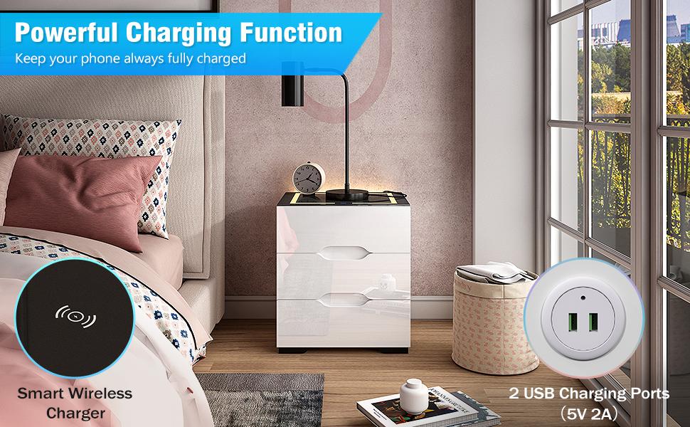 Smart Nightstand with Wireless Charging Station & Adjustable LED Lights, High Gloss End Table with 3 Drawers & USB Charging, Bedside Table Organizer for Bedroom Use
