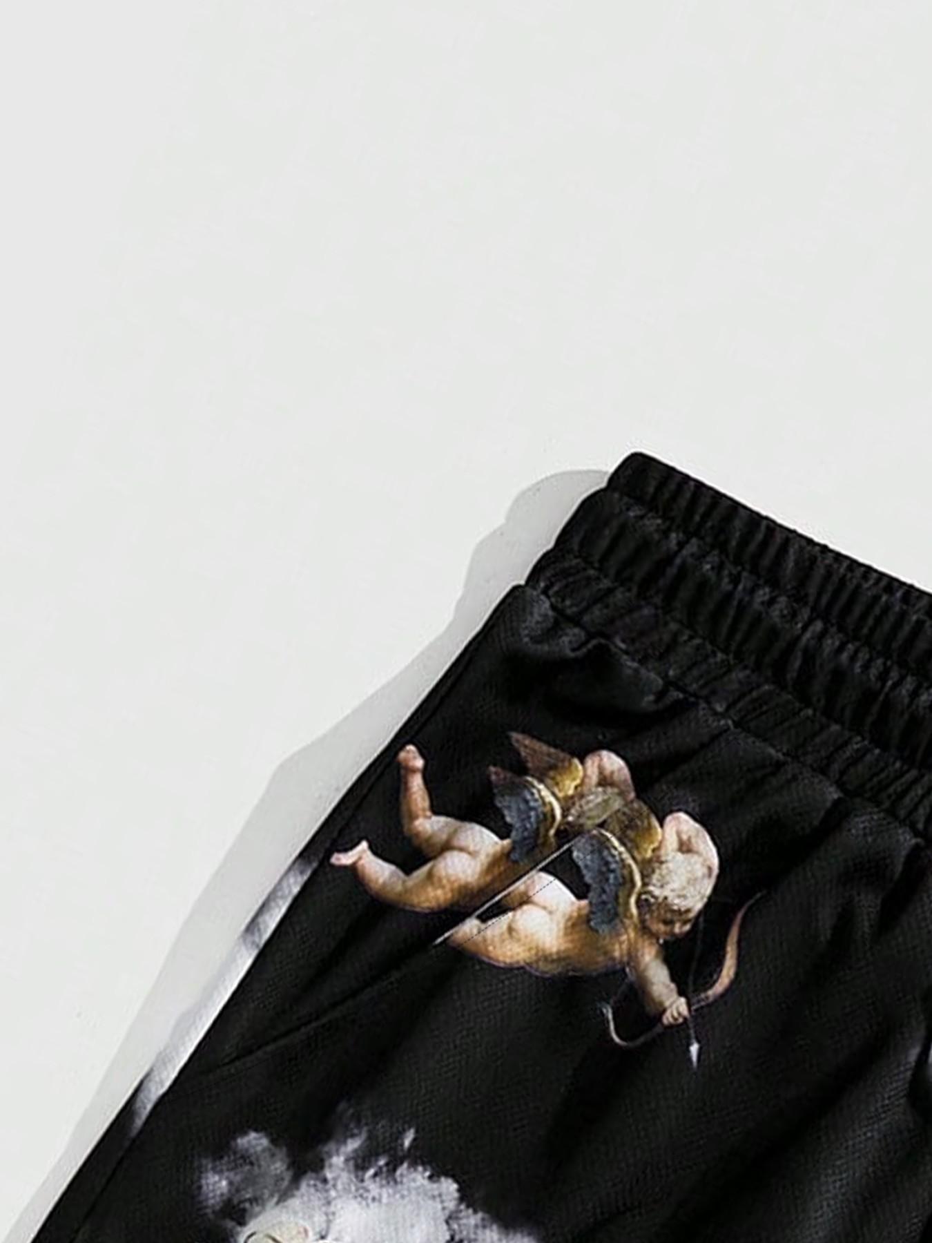 Men's Summer Shorts, Breathable Angel Sports Pants, Loose-Fit Casual Shorts, Street Style Graphic Pattern, Comfortable and Stylish