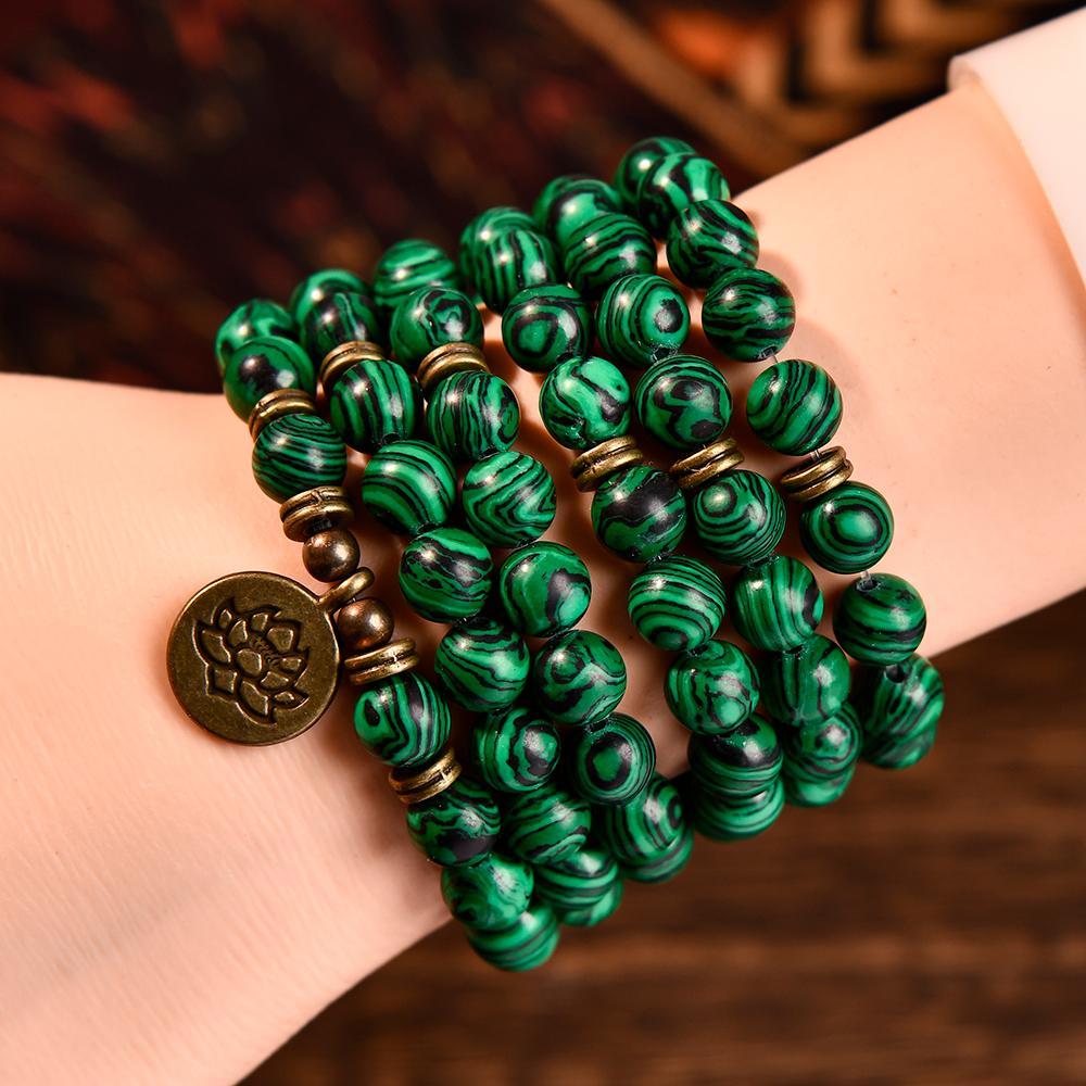 Genuine Stone 8mm Green Malachite 108 Mala Beads Money Attraction Bracelet - Unisex Long Beads Wrap Bracelet with Lotus Buddha Charm - Daily Wear Yoga Meditation Jewelry Ideal Gift