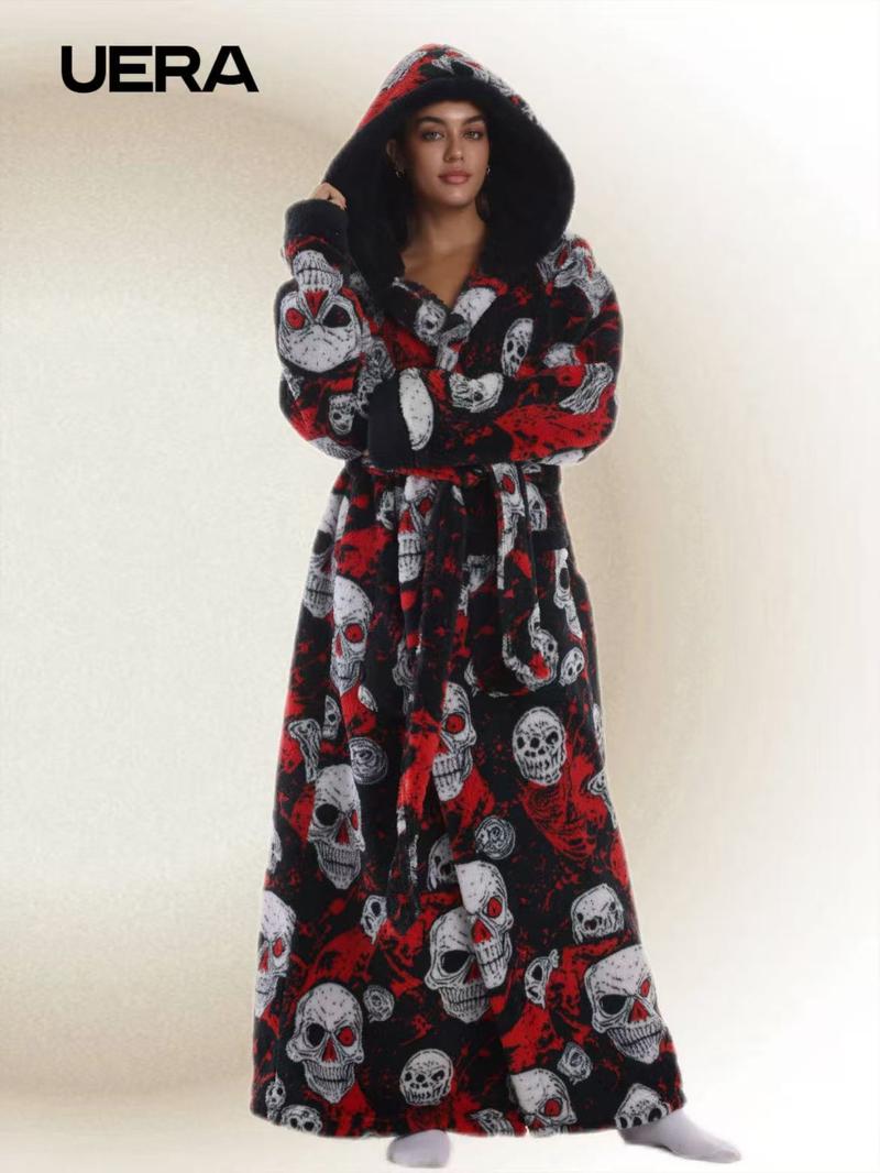 Skull Christmas Series Hooded Bathrobe, Elegant Casual Home Sleepwear, with Pockets, Long Sleeve, Fall & Winter Gift