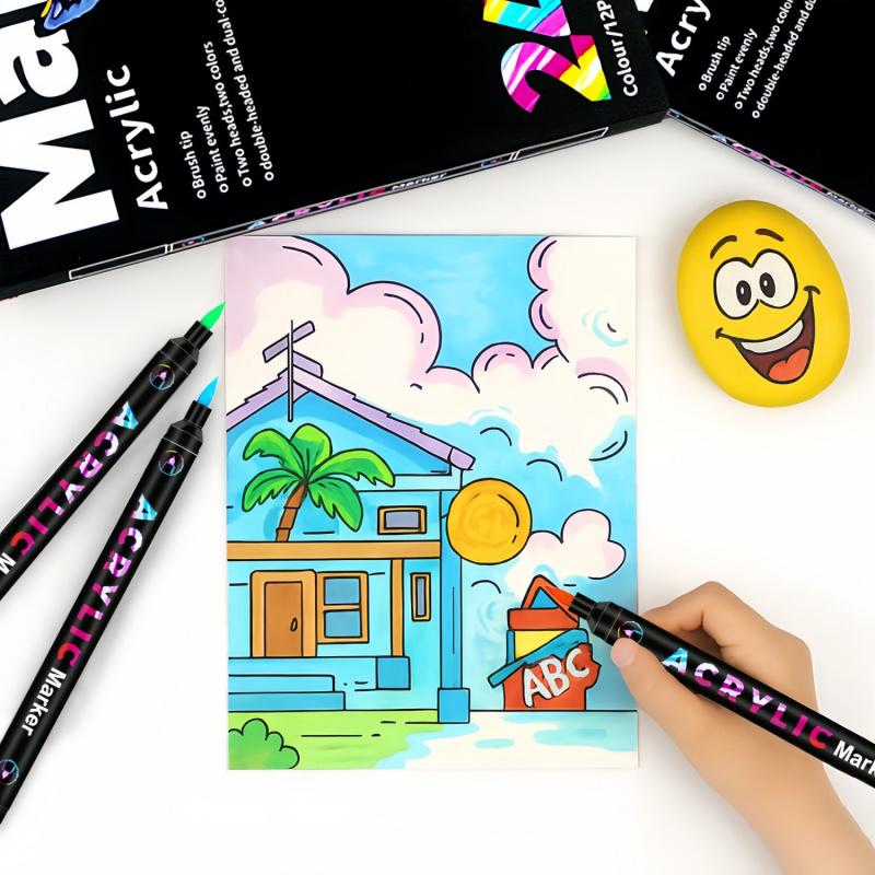 Acrylic Paint Markers Pens Set, Dual Tip Dual-Color Brush Tips Acrylic Paint Pens, Creative Coloring Markers, Acrylic Drawing Markers for Rocks, Wood, Canvas, Stone, Fabric, Plastic DIY Art Supplies Back to school