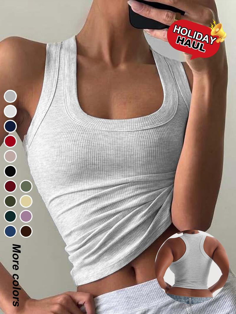 Women's Casual Slim-Fit Plain Tank Top, Summer Lightweight Fabric Ribbed Knit Vest, Versatile Layering Piece