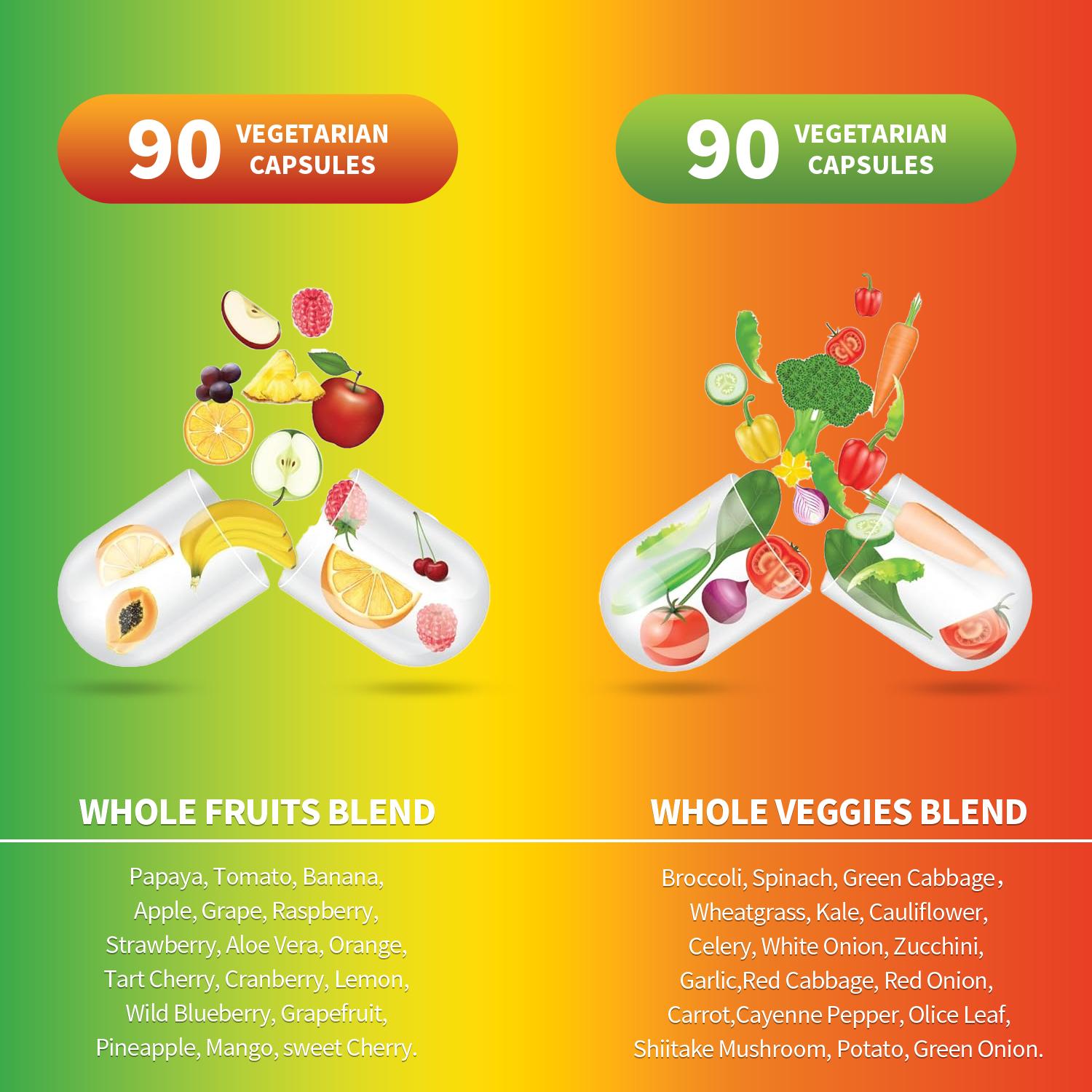 HiPlus 100%Whole Fruit and Vegetable Ingredients Organic  Supplements - for Women, Men, and Kids -Non-GMO, Gluten-Free  90 Fruit Capsules, 90 Veggie Capsules - 1 Set
