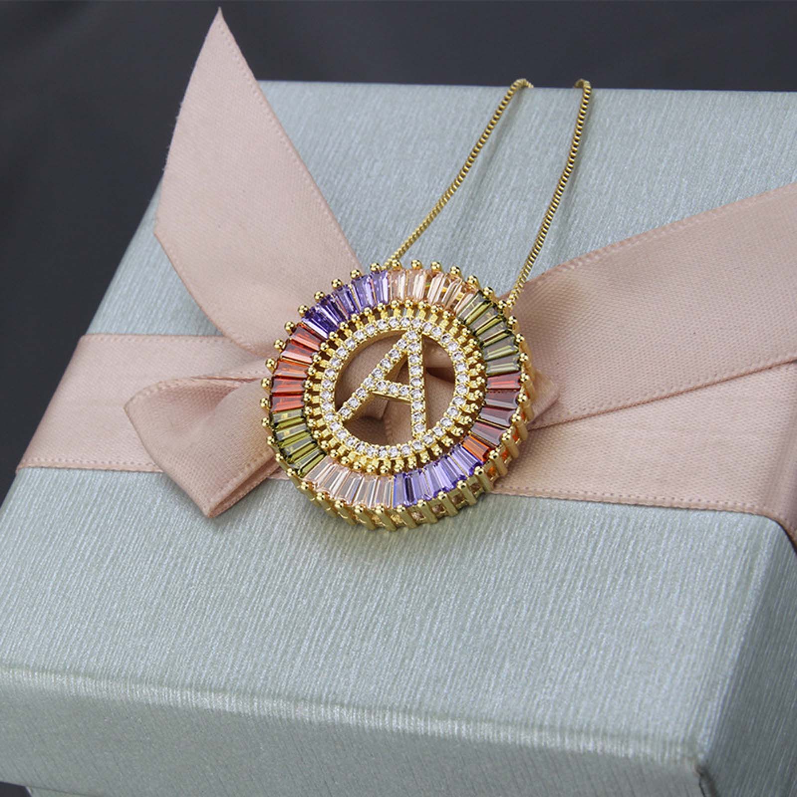 Colored zircon letter necklace round hollow pendant 26 English letters clavicle chain men and women can be anniversary gifts name initials