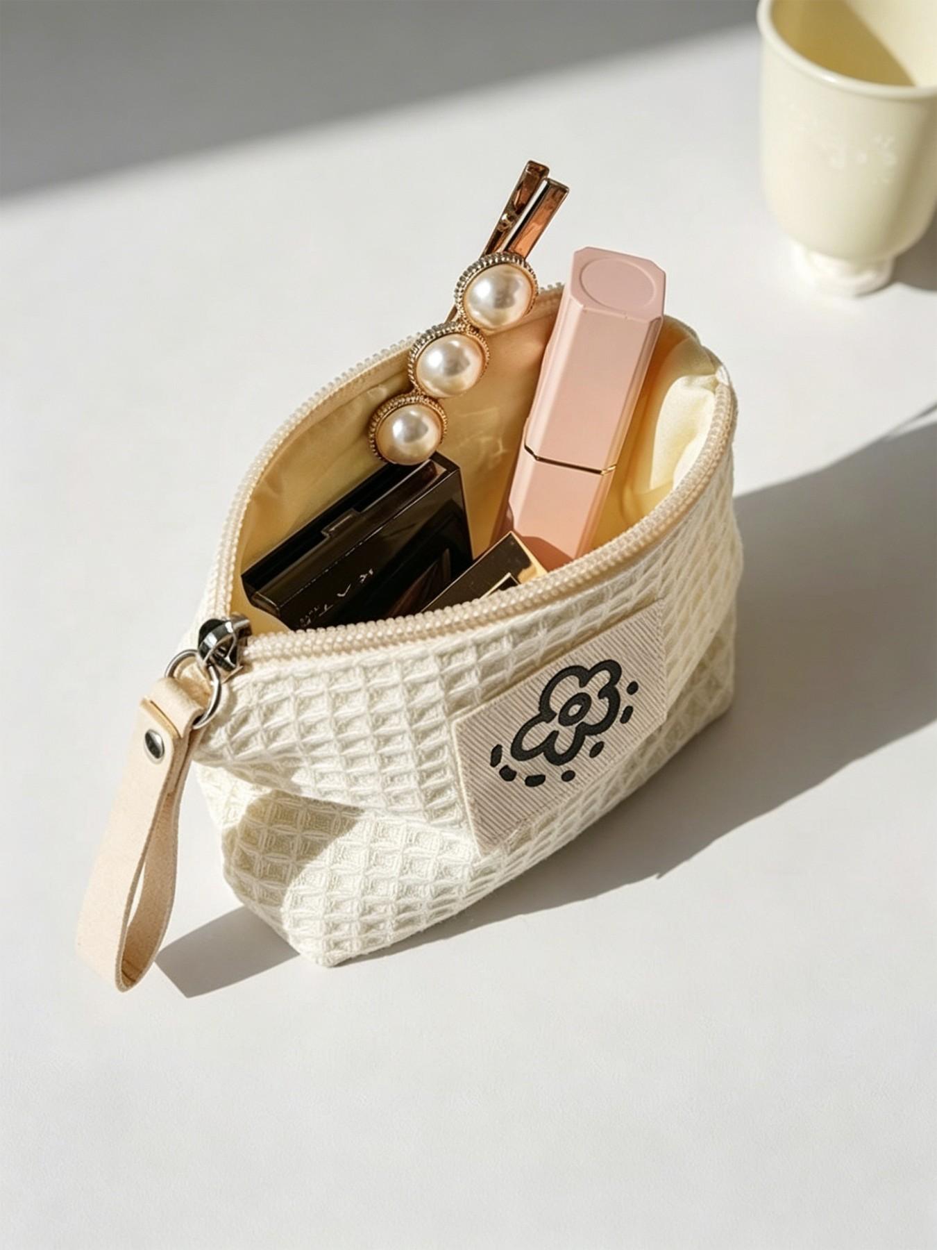 Cute Sunflower Weave Mini Zipper Pouch, Floral Patch Small Cosmetic Bag, Makeup Bags, Portable Coin Purse for Lipstick, Cards & Keys, Soft Cotton Travel Organizer, Travel Essentials Makeup Pouch