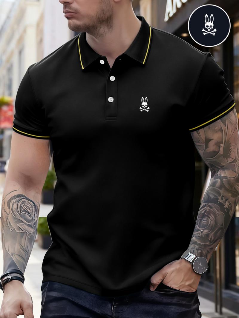 Men's Regular Fit Letter Print Contrast Trim Polo Shirt, Casual Short Sleeve Half Zip Top for Summer, Fashion Men's Clothes for Daily Wear, Menswear