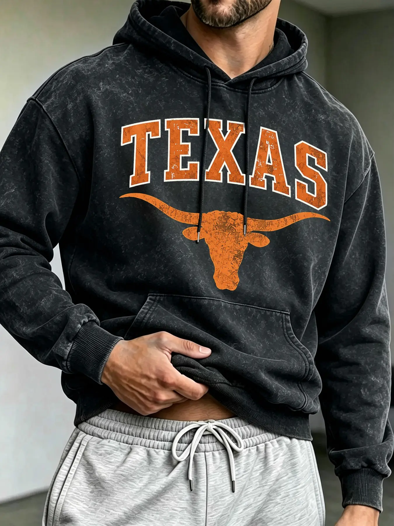 Men's Vintage Washed Hoodie, Texas Longhorn Letter Graphic Print Pullover Sweatshirt, For Fall Winter Daily Street Outfits