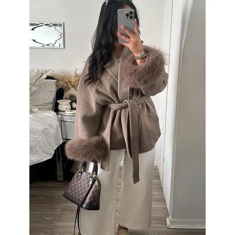 2025 Chic Lapel Plush Coat With Belt Women Vintage Solid Faux Fur Sleeve Tweed Open Coat Female Autumn Casual Street Outwear
