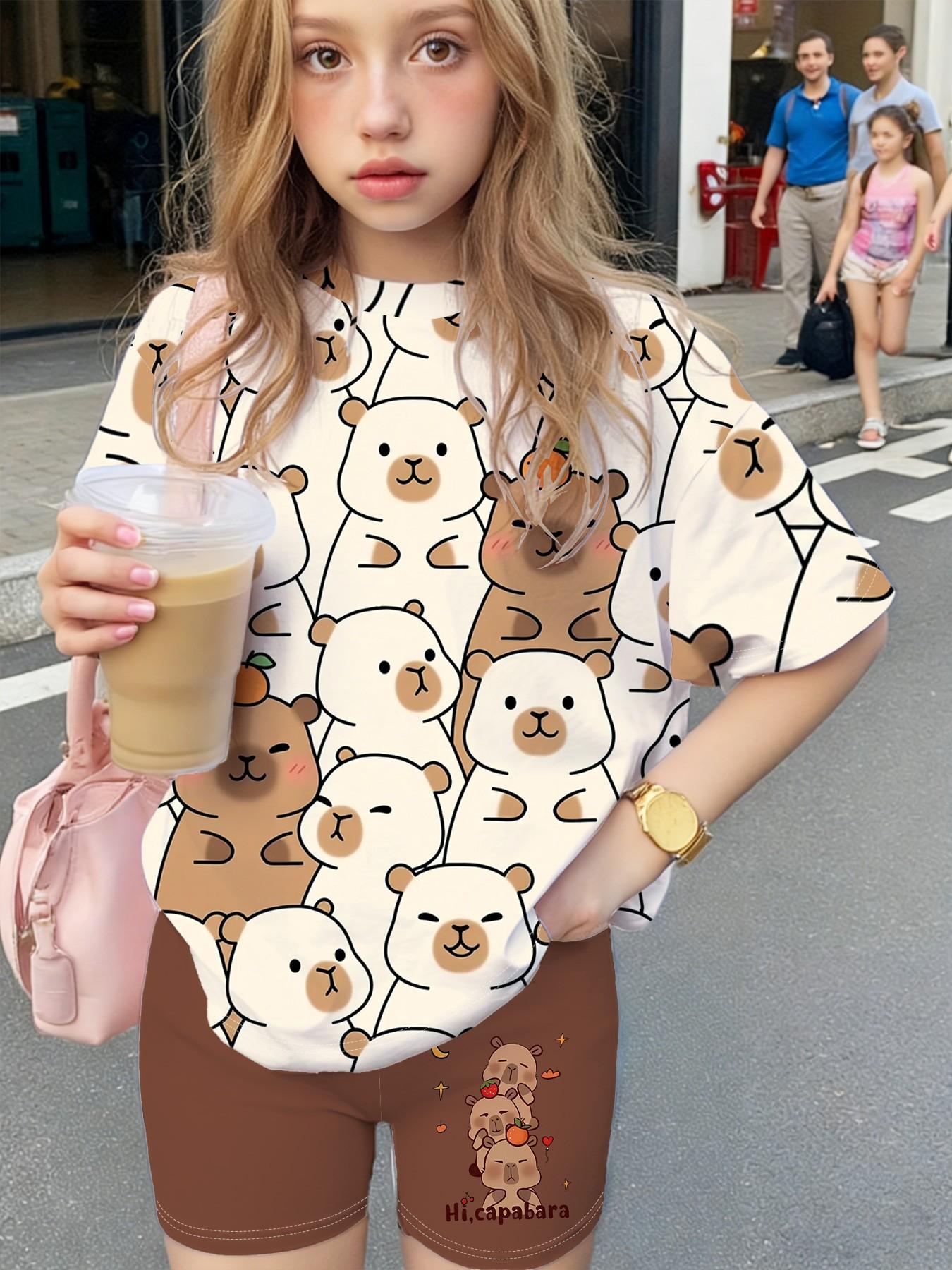 Girls' Summer Capybara Series T-Shirt and Shorts Set, Full Print Cartoon Design, Casual Streetwear, Perfect Gift for Kids, Outdoor Wear