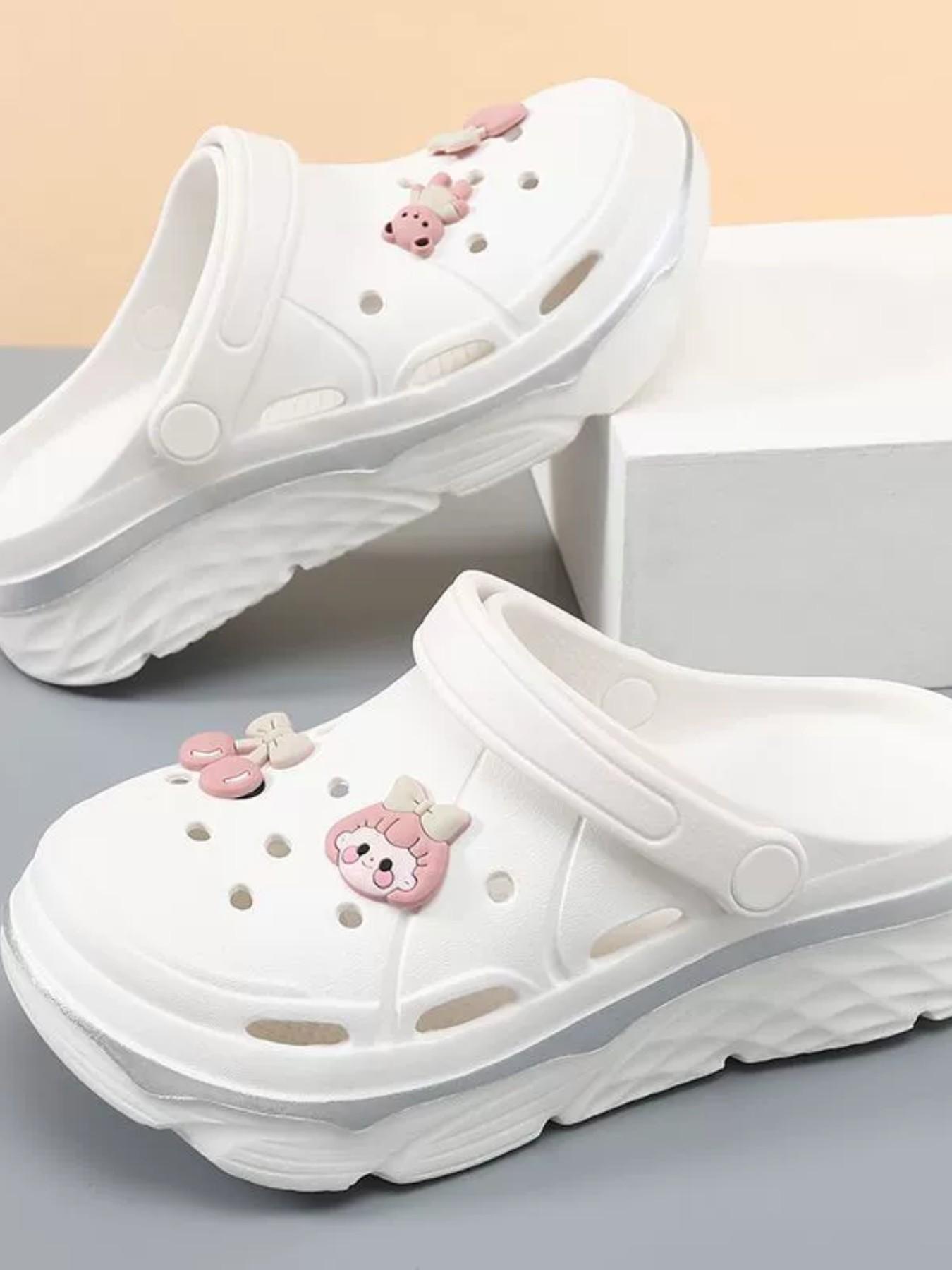 Women's Thick Sole Heeled Sandals, Floral Bow Design, Anti-Slip Lightweight Garden Shoes, DIY Accessories, Comfortable & Stylish