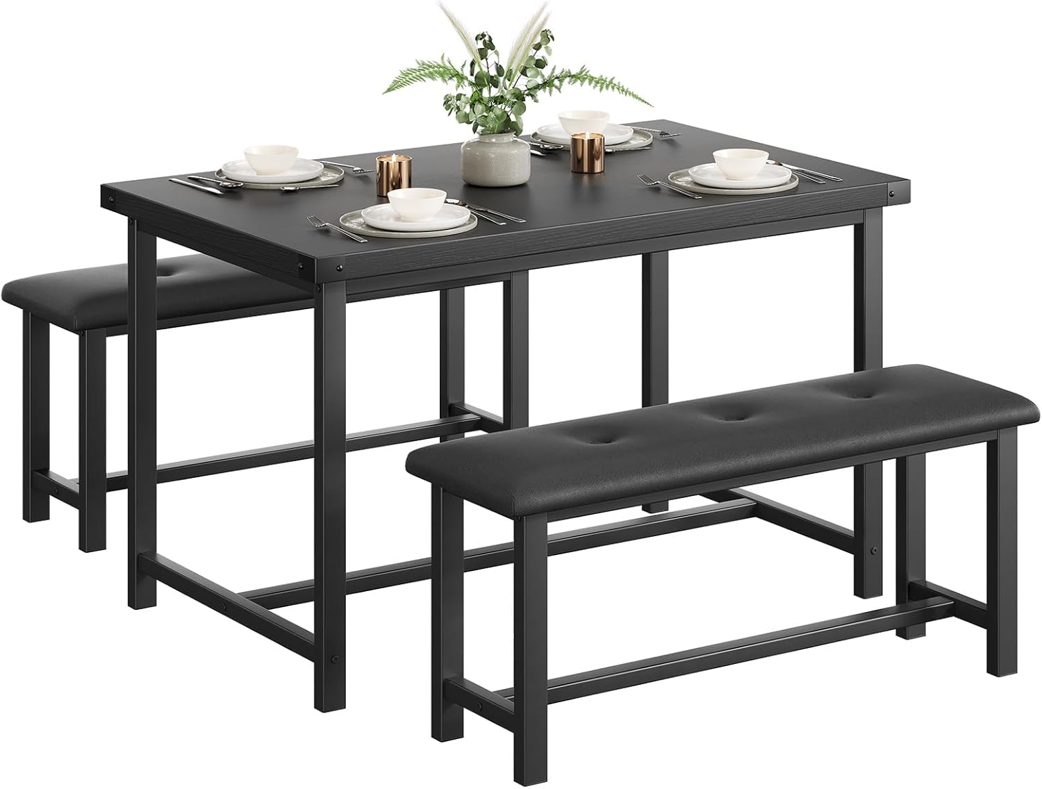 3-Piece Dining Table Set for 4 People, 44" Space Saving Kitchen Table with 2 Benches, Industrial Rectangular Dining Room Table Chairs Set 3-Piece Dining Table Set for 4 People, 44" Space Saving Kitchen Table with 2 Benches, Industrial Rectangular Dining Room Table Chairs Set