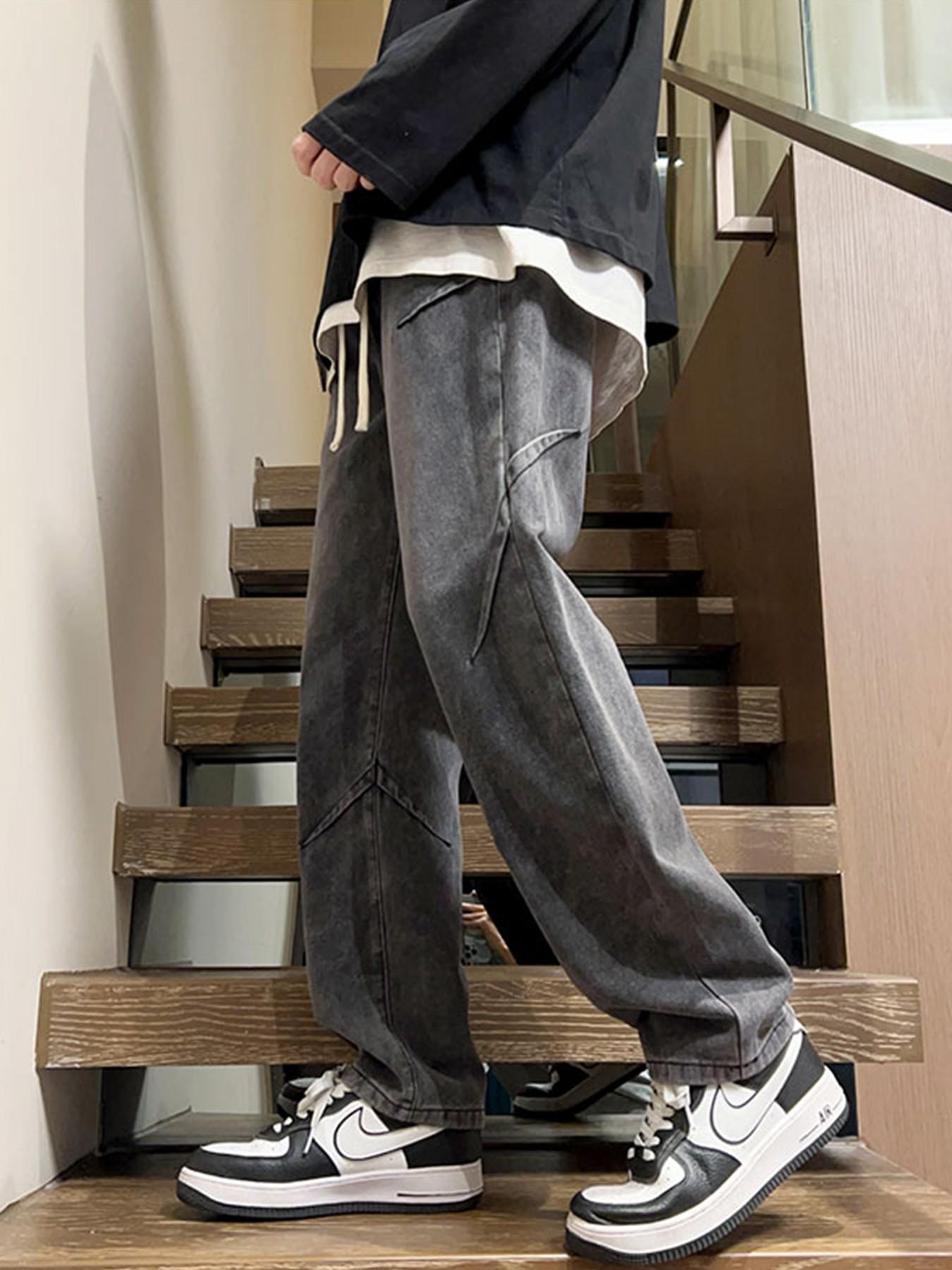 Men’s Light Blue Washed Jacquard Baggy Jeans with Drawstring Waist and Asymmetric Panel Details, Wide Leg Streetwear Denim Pants