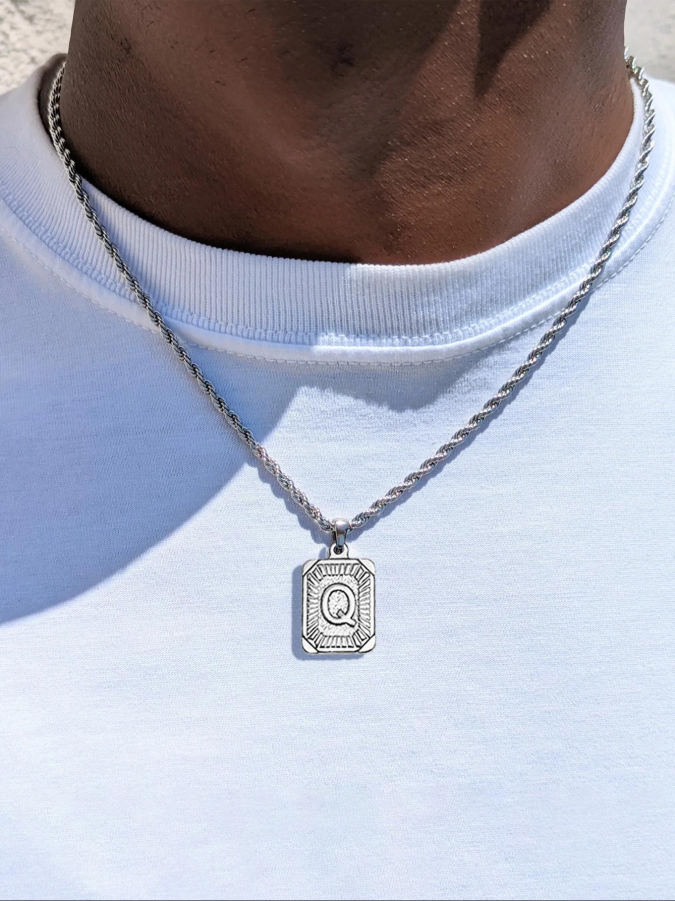 Men's Stainless Steel Necklace with Square Pendant and Initial Letter, Personalized A-Z Design, Rope Chain Jewelry, Fashion Accessory, Exquisite Jewelry Gift