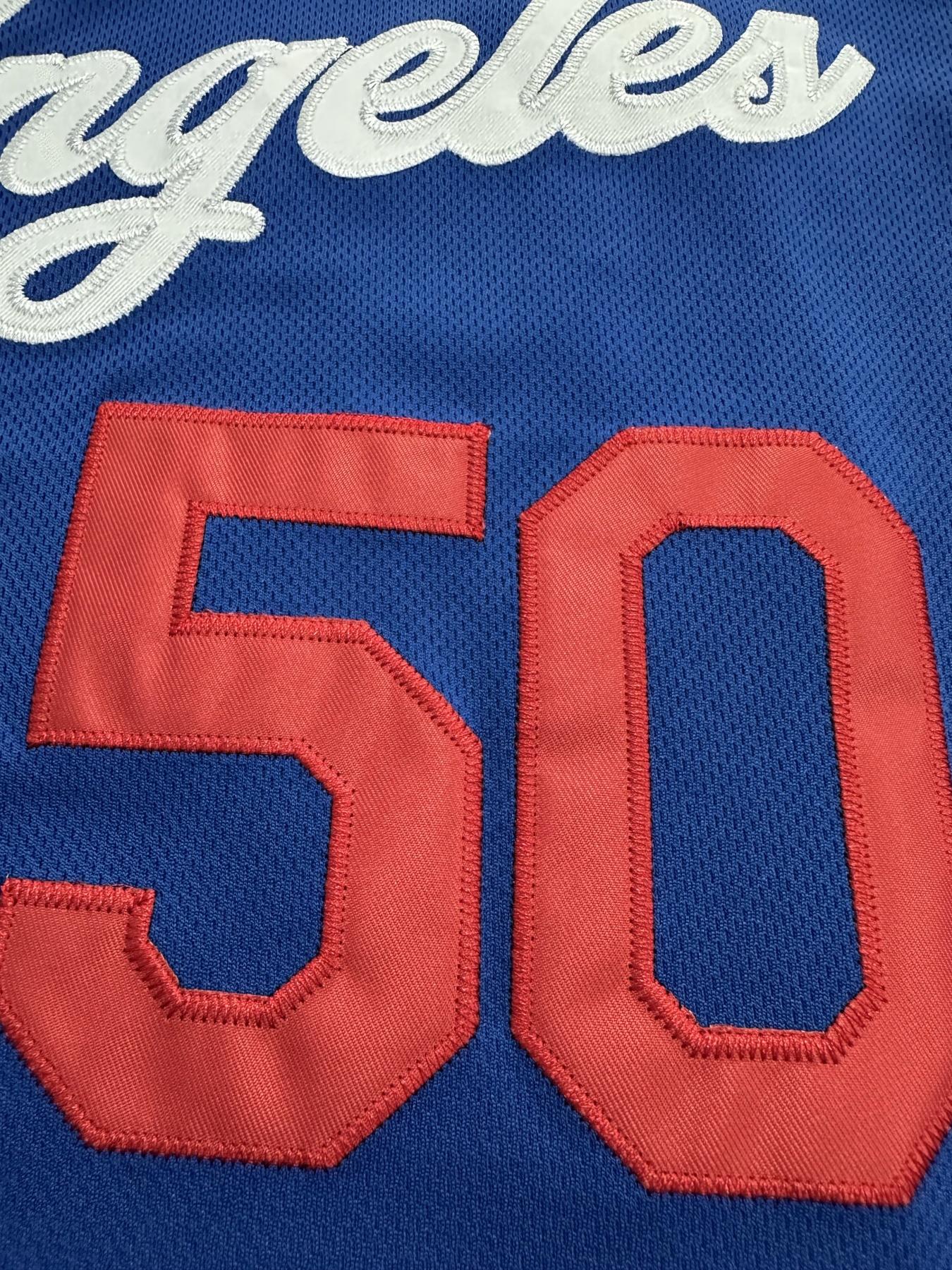 Men's #50 "Los Angeles" Embroidery Baseball Jersey, Loose V-Neck Short Sleeve Button-Up Sportwear Suitable For Street Hip-Hop, Baseball, Golf Training, Sports Top, Streetwear, Sportswear Top