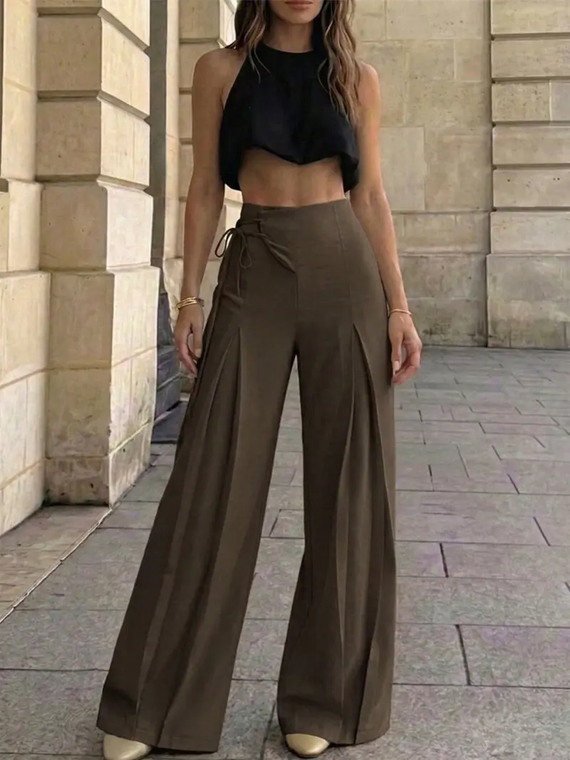 Women's Elegant Chic High-Waist Wide-Leg Pants, Casual Summer Long Pants, Loose Fit Retro Style Plain Bottoms
