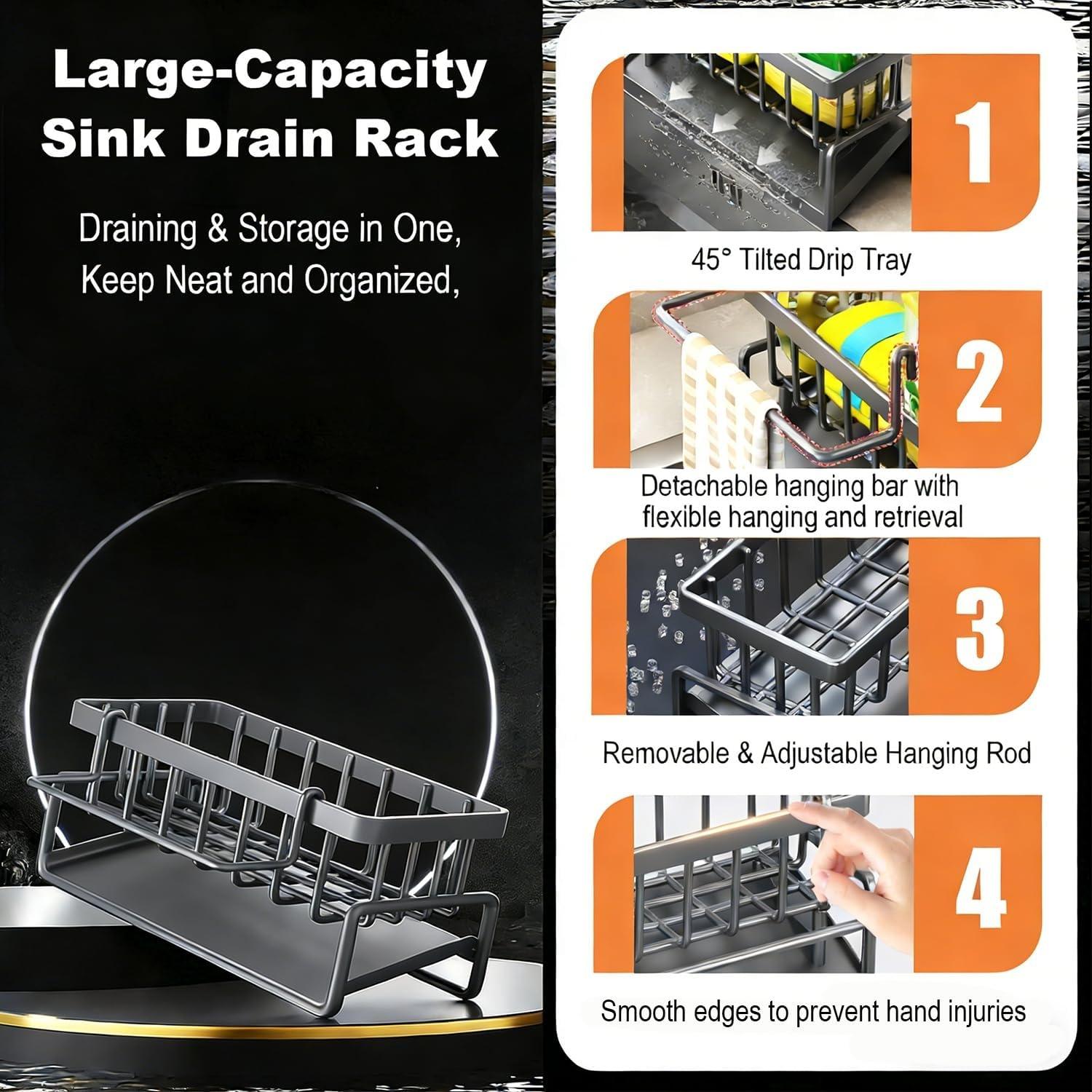 Heavy-Duty Carbon Steel Kitchen Sink Organizer with Self-Draining Rack & Sink-Mounted Sponge Holder - Space-Saving Multipurpose Countertop Storage Shelf for Dish Soap, Brushes, Rags & Dishcloths, Compact Sink Caddy Tray for Small Kitchens & Small Sink