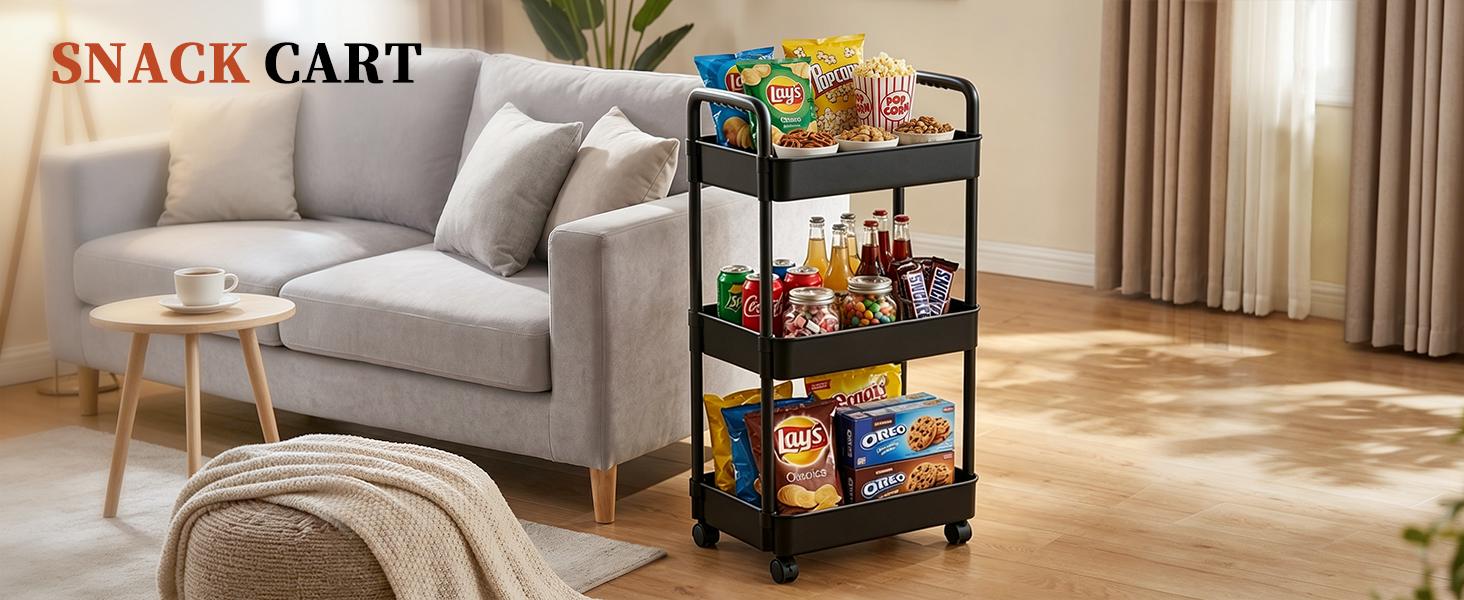 3 Tier Bamboo Rolling Utility Cart with Wheels - Lightweight, Compact Plastic Basket Storage Rack, Easy Installation Mobile Organizer for Baby Nursery, Kitchen, Bathroom, Locking Wheels