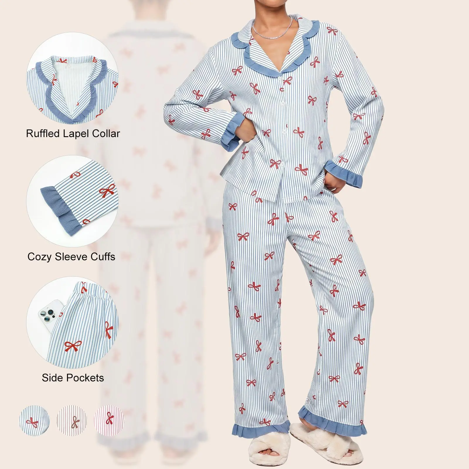 Imily Bela Women Ruffle Collar Striped Bow Print Sleepwear Long Sleeve Button Down Pyjama Set With Side Pockets