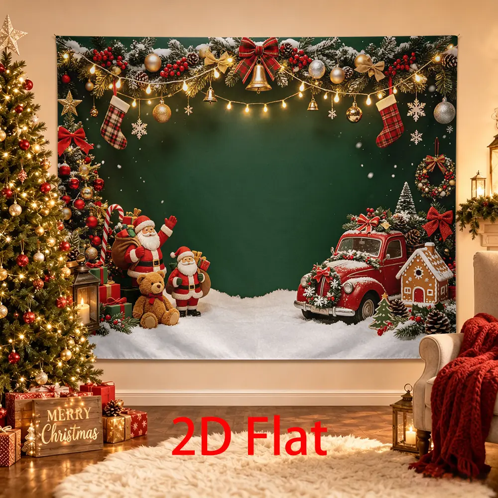 Christmas Santa Backdrop, Vintage Red Truck Gingerbread Gifts Green Snow Holiday Photo Background