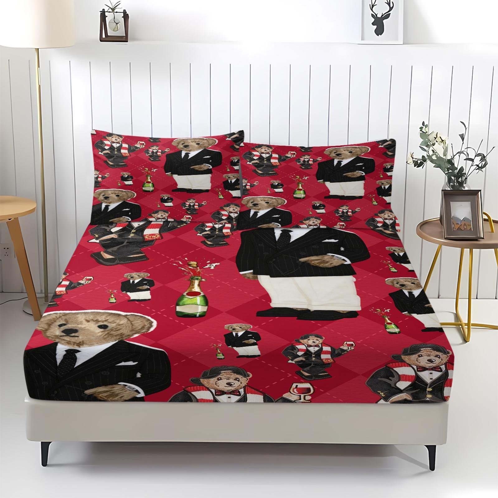 Teddy Bear Pattern Bed Sheet, Comfortable Printed Pattern, Includes 1 Bed Sheet and 2 Pillowcases, Comfortable Bedding, Non slip Dust Cover Suitable for Bedroom and Guest Room, Suitable as a Gift for Children or Adults, Bed Sheets Set