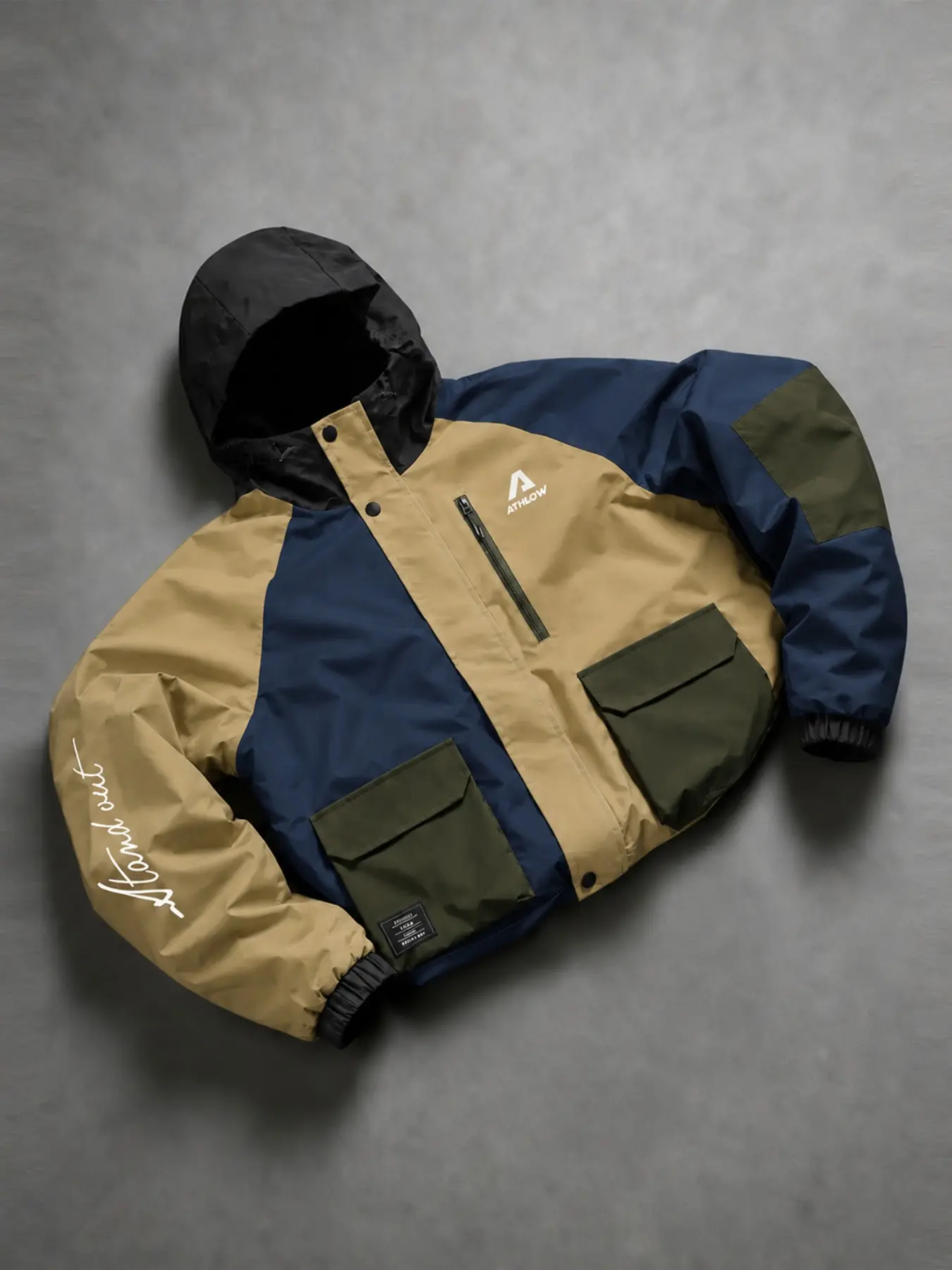 Men's Windproof Colorblock Hoodie Jacket, Letter Print, Chest Zipper, Outdoor Casual Style, Loose Fit, All Seasons, Durable and Fashionable