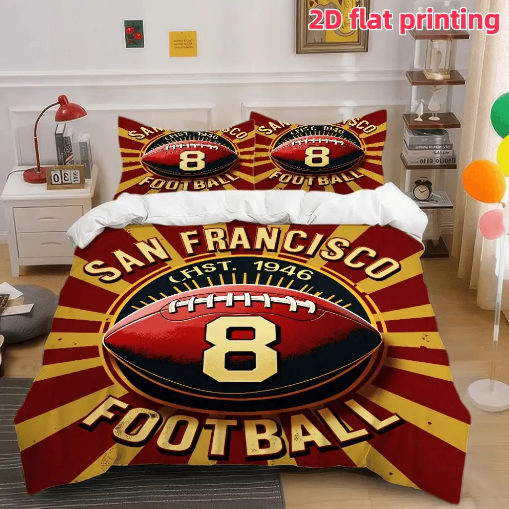 2D Flat 3Pcs San Francisco Football Sports Red Gold Rays Bedding -designed for Fans, Soft Microfiber Comforter Cover (1 Duvet + 2 Pillowcases, Unfilled)-Suitable Bedroom and Dormitory Room Home Decoration.