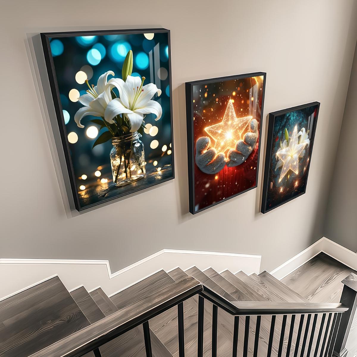 3 Counts Aluminum Alloy Framed Painting, White Lily And Glowing Star Art Pictures, Home Decoration For Living Room, Bedroom, Office, Restaurant, Hallway Wall Decor, Odorless Print Artwork, Luxury Perfect Gift For Friends And Family