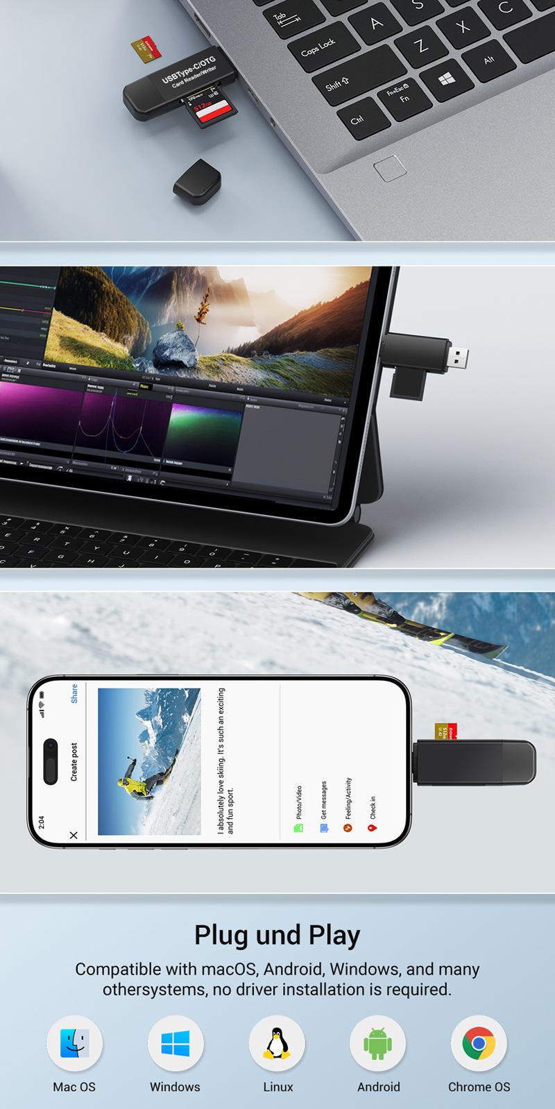 Type-C card reader, multifunctional all-in-one OTG mini TF camera SD card reader compatible with Apple and Huawei