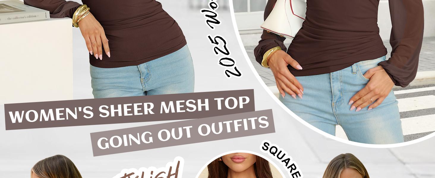 ANRABESS Womens Square Neck Puff Mesh Long Sleeve Tops Double Lined Dressy Casual Blouses Shirts 2025 Going Out Fall Clothes