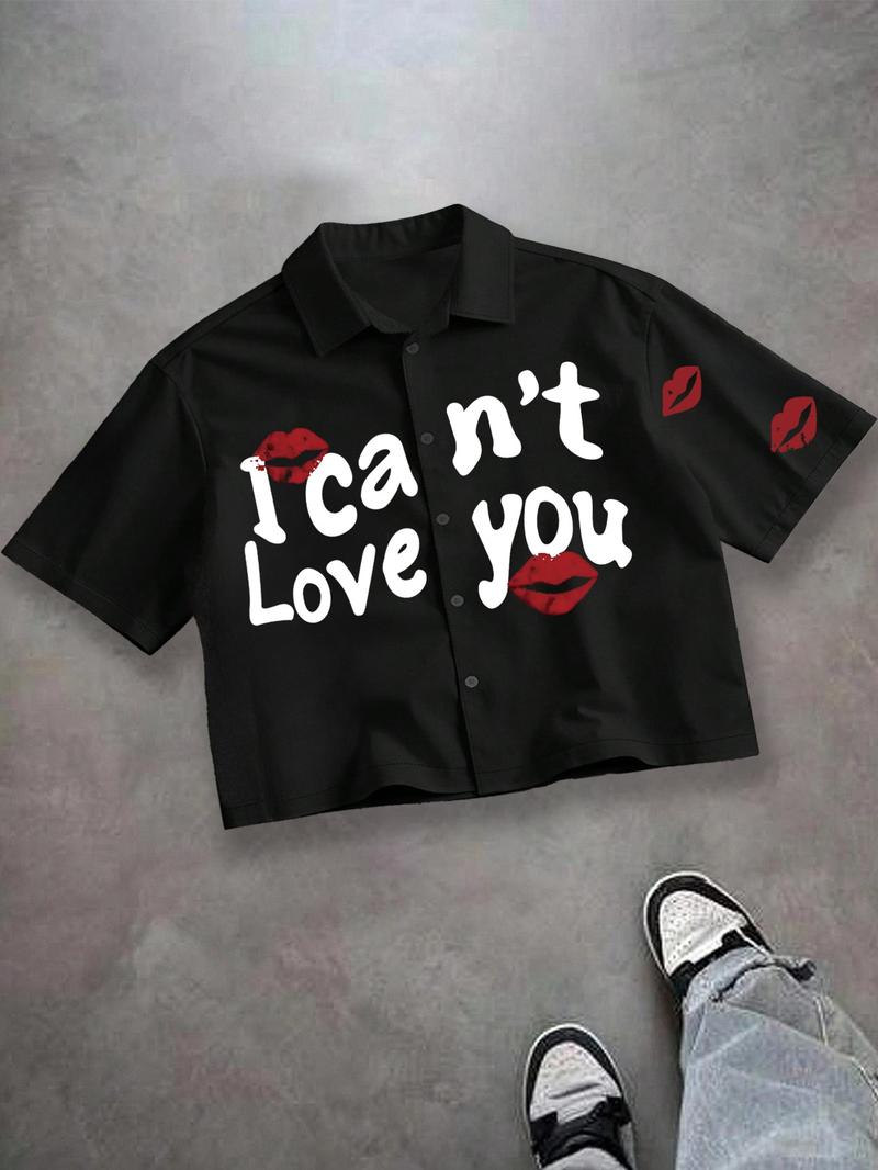 Unisex casual streetwear style "I can't Love you" red lip print plaid shirt, Y2K streetwear cropped top, suitable for streetwear, Y2K outfits, men's gifts, couple outfits, high street culture.