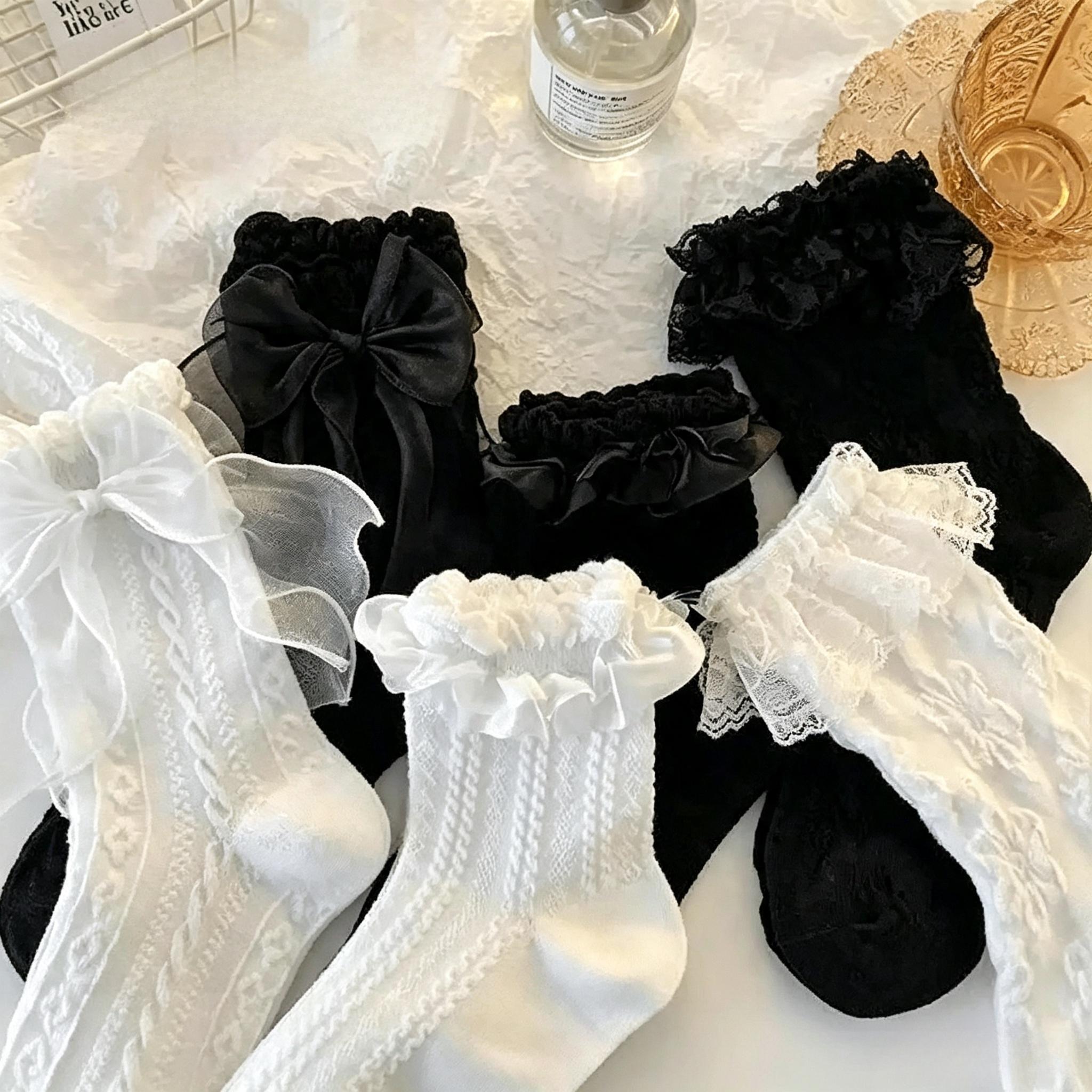 Women’s 6-Pair Coquette Lace Crew Socks - 3D Floral Cable Knit, Sheer Organza Bow, Lightweight Ruffled Breathable Knit Cotton-Blend Mid-Calf Hosiery, Elastic Vintage Streetwear Accessory for Gothic & Casual Outfits (Cold Hand Wash), Trend, Shorts