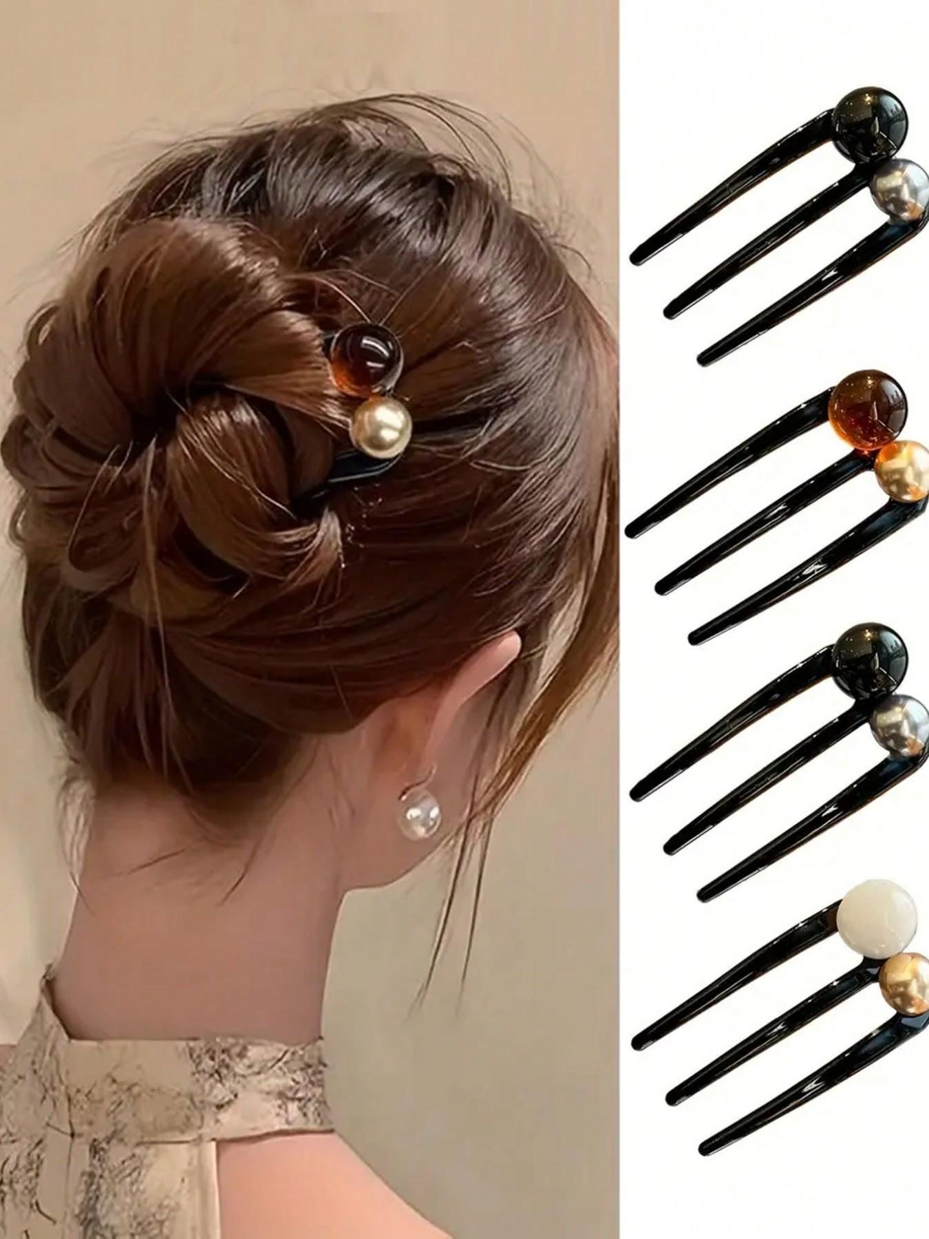 Elegant Three-Tooth Bead U-Shaped Hairpin，Bun Updo Hairpin， Vintage Hair Clips - Black & White with Green Synthetic Gemstonestone Accents, Versatile for Casual & Formal Occasions, All-Season girls Hair Accessories, Hair Accessories, Classic Hairpins,