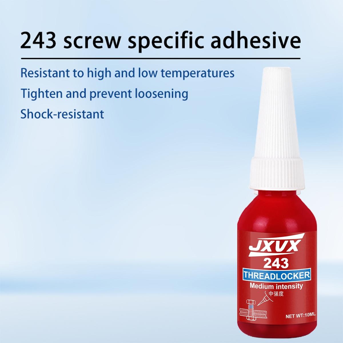 243 Threadlocker. Thread locking adhesive. High‑strength anaerobic glue. Heat‑resistant. Special adhesive for anti‑loosening and fastening. Prevents automobile wheel hub bolts from loosening.
