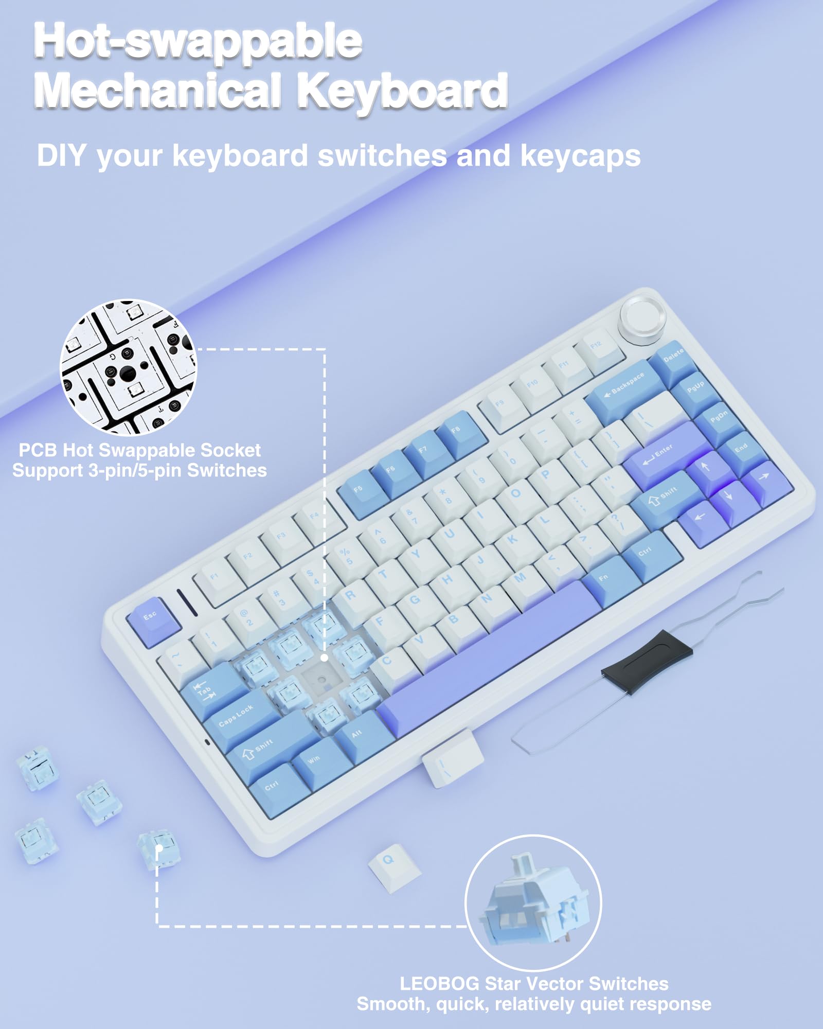 AULA F75 Custom Wireless Mechanical Gaming Keyboard, 75 Percent Gasket Hot Swappable Keyboard, RGB Rainbow Backlit Gaming Keyboard,Tri-Mode, creamy keyboards budget keyboard  office computer accessory purple volume Knob Control TikTokShopfalldealsforyou