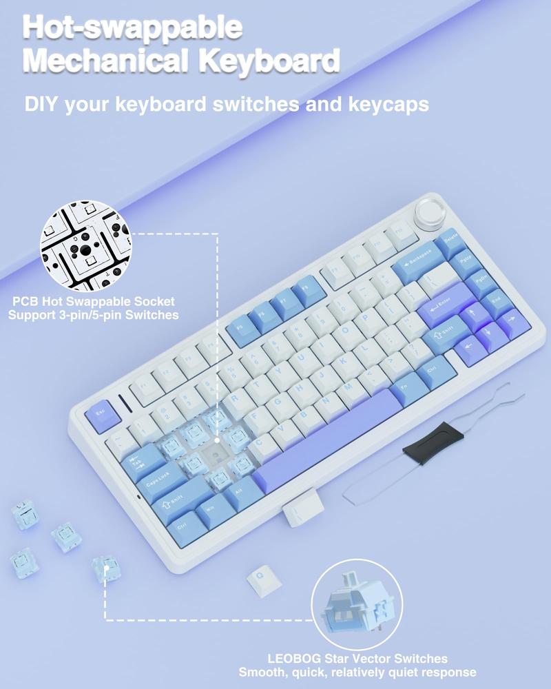 AULA F75 Custom Wireless Mechanical Gaming Keyboard, 75 Percent Gasket Hot Swappable Keyboard, RGB Rainbow Backlit Gaming Keyboard,Tri-Mode, creamy keyboards budget keyboard  office computer accessory purple volume Knob Control TikTokShopfalldealsforyou