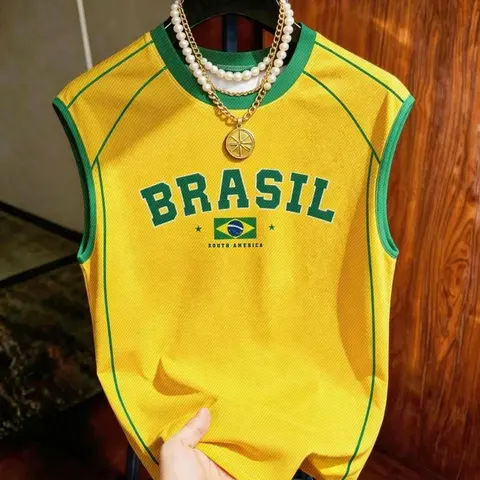 Men's Round Neck Vest, Graphic Vest, Letter Brazil Print, Casual Short Sleeve, Slim-Fitting, Geometric Design, All Seasons, Comfortable Fashion