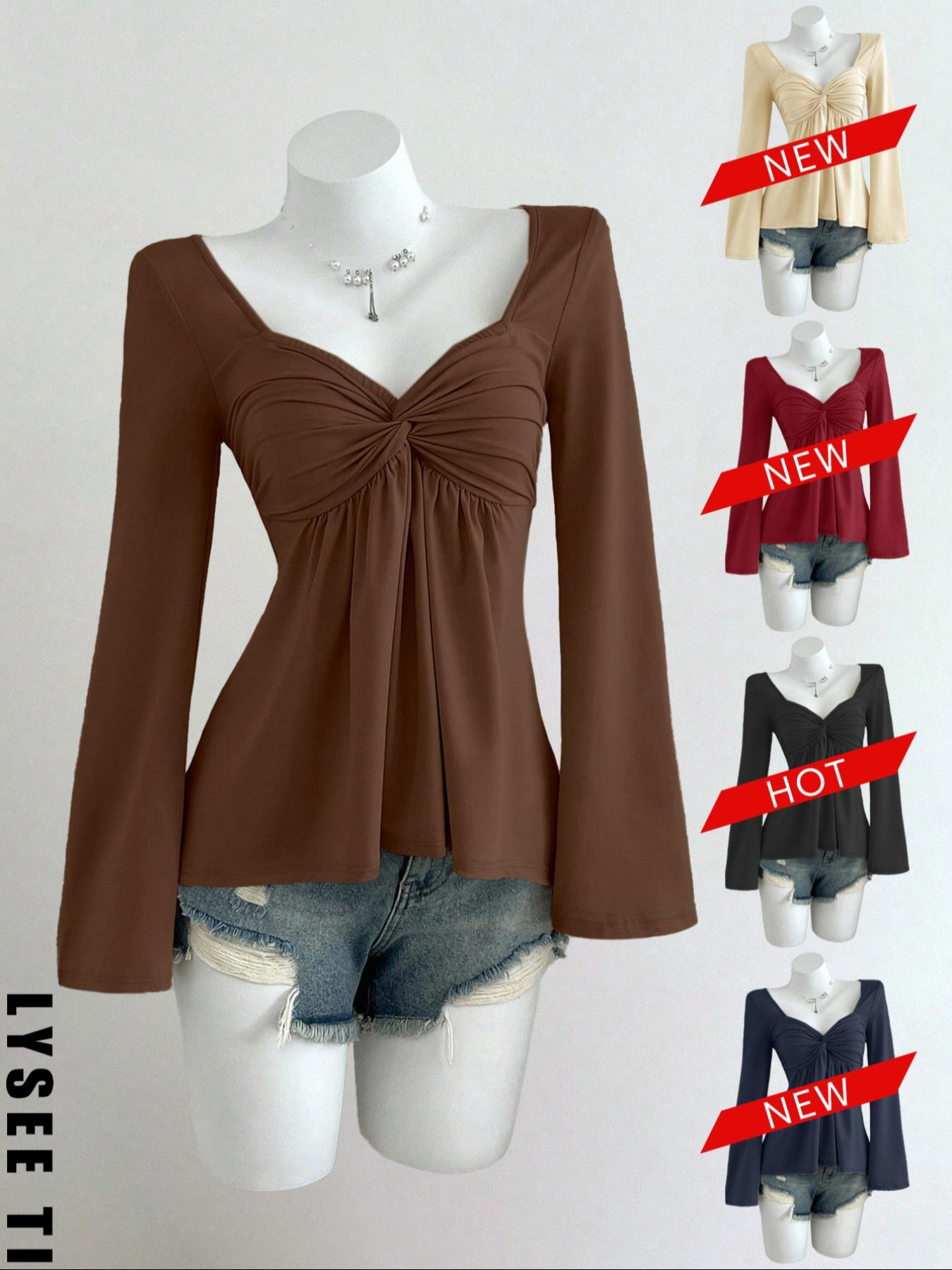 Women's Casual Fashion Apricot Smocked Doll Top, Long Sleeve T-shirt for Autumn and Winter