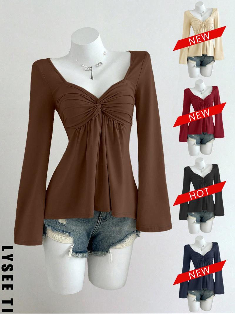 26 Valentine's Day Autumn/Winter Shot Pure Desire Style Casual Fashion Apricot Square Neck Chest Wrinkled Doll Shirt Long Sleeve Women's T-shirt