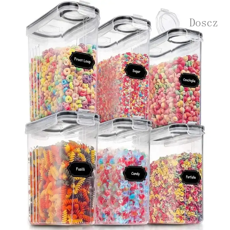 PLL Airtight Transparent Plastic Dry Storage Containers with Lids - Pack of 6 Stackable Set, 4L Black Dispenser Canisters for Kitchen Pantry Organization, 20 Labels & Marker