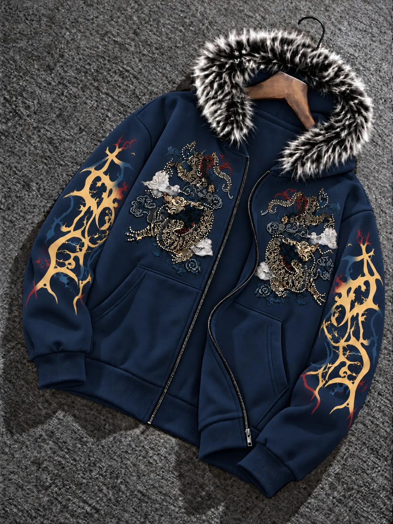 Neutral Y2K Gothic Dragon Print Hooded Jacket, Fleece Lined, Zipper Style, Streetwear, Pockets, Warm, Outdoor & Daily Wear, Gift Idea