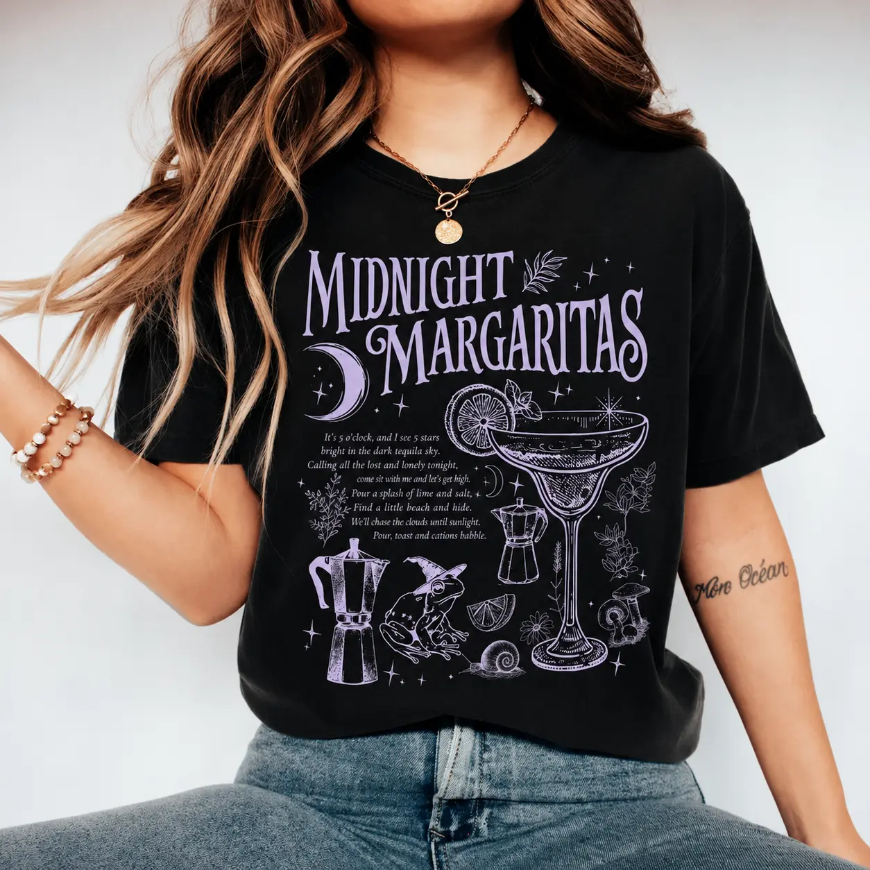 Midnight Margaritas Graphic T-Shirt, Moon & Cocktail Print Tee, Witchy Margarita Shirt, Cozy Autumn Casual Top, Magical Halloween Apparel