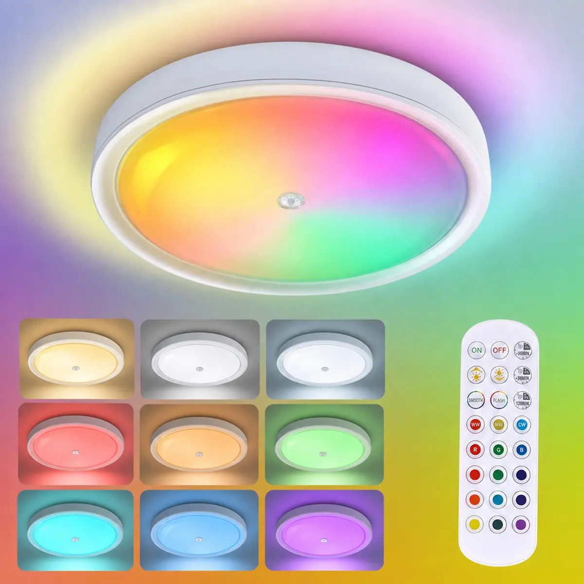 6 Inch RGBW Rechargeable Light, IP65 Waterproof Bathroom Ceiling Light, Magnetic Installation No Wiring, Touch & Remote Control, 10000mAh Battery, Dimmable Color Changing, for Bathroom, Laundry Room