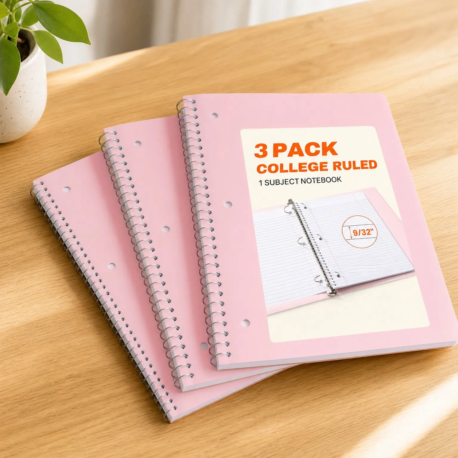 Spiral Notebooks 3 Pack, 1 Subject College Ruled Paper, 8" x 10.5", 70 Sheets Each, PinkGift